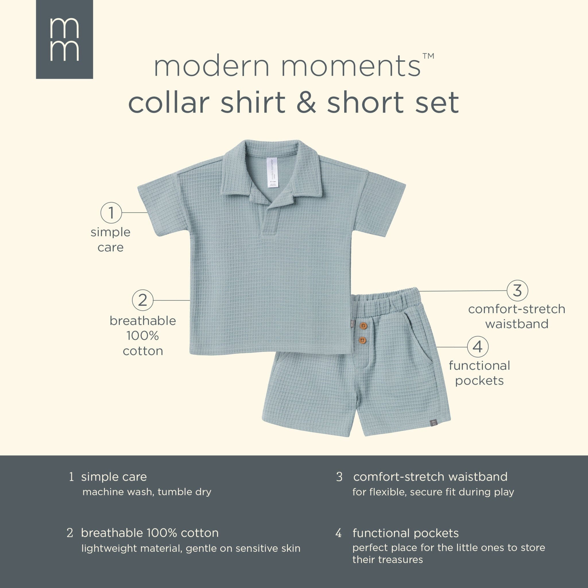 2-Piece Toddler Boys Medium Teal Johnny Collar and Shorts Set