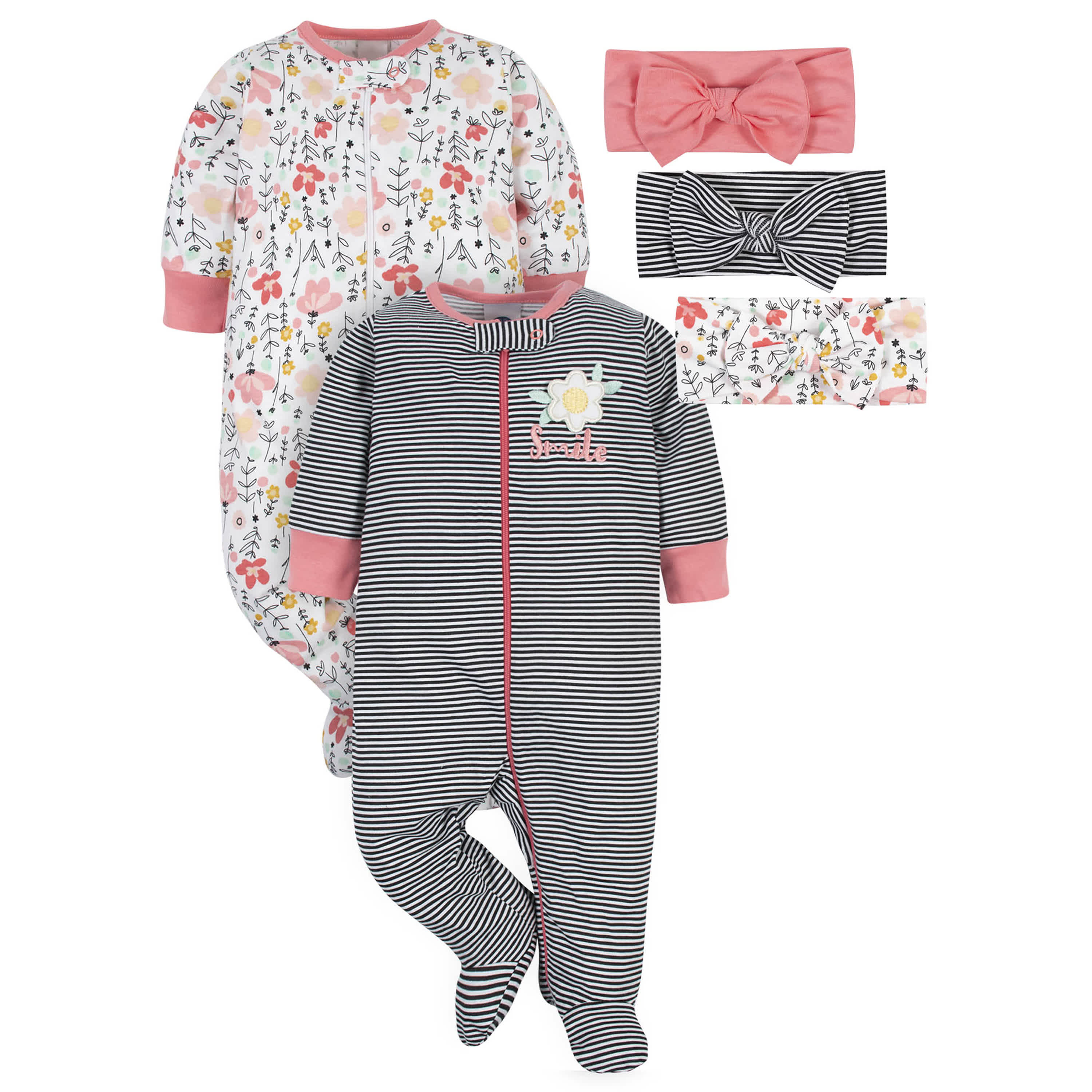 5-Piece Baby Girls Garden Floral Sleep 'N Plays & Headbands Set