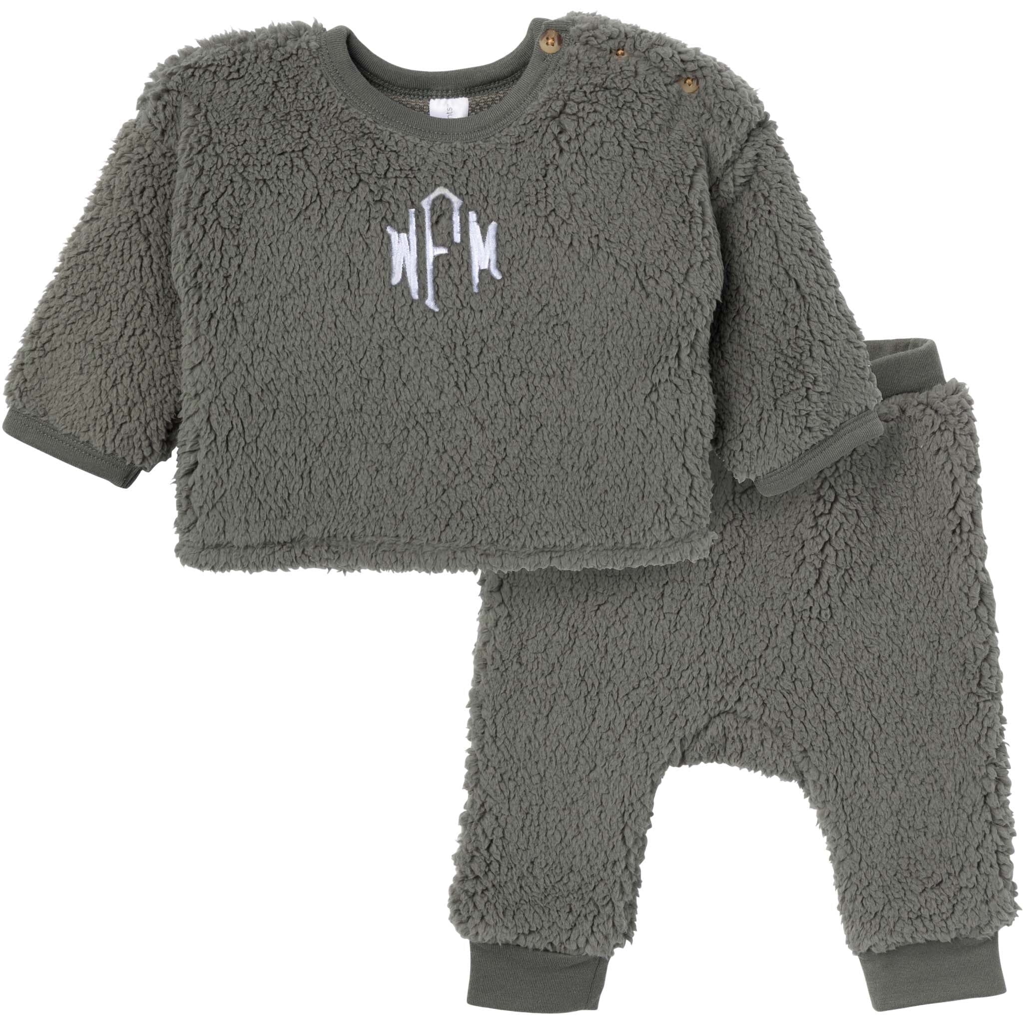 Embroidered 2-Piece Baby Boys Dark Green Sherpa Drop Shoulder Top & Pants