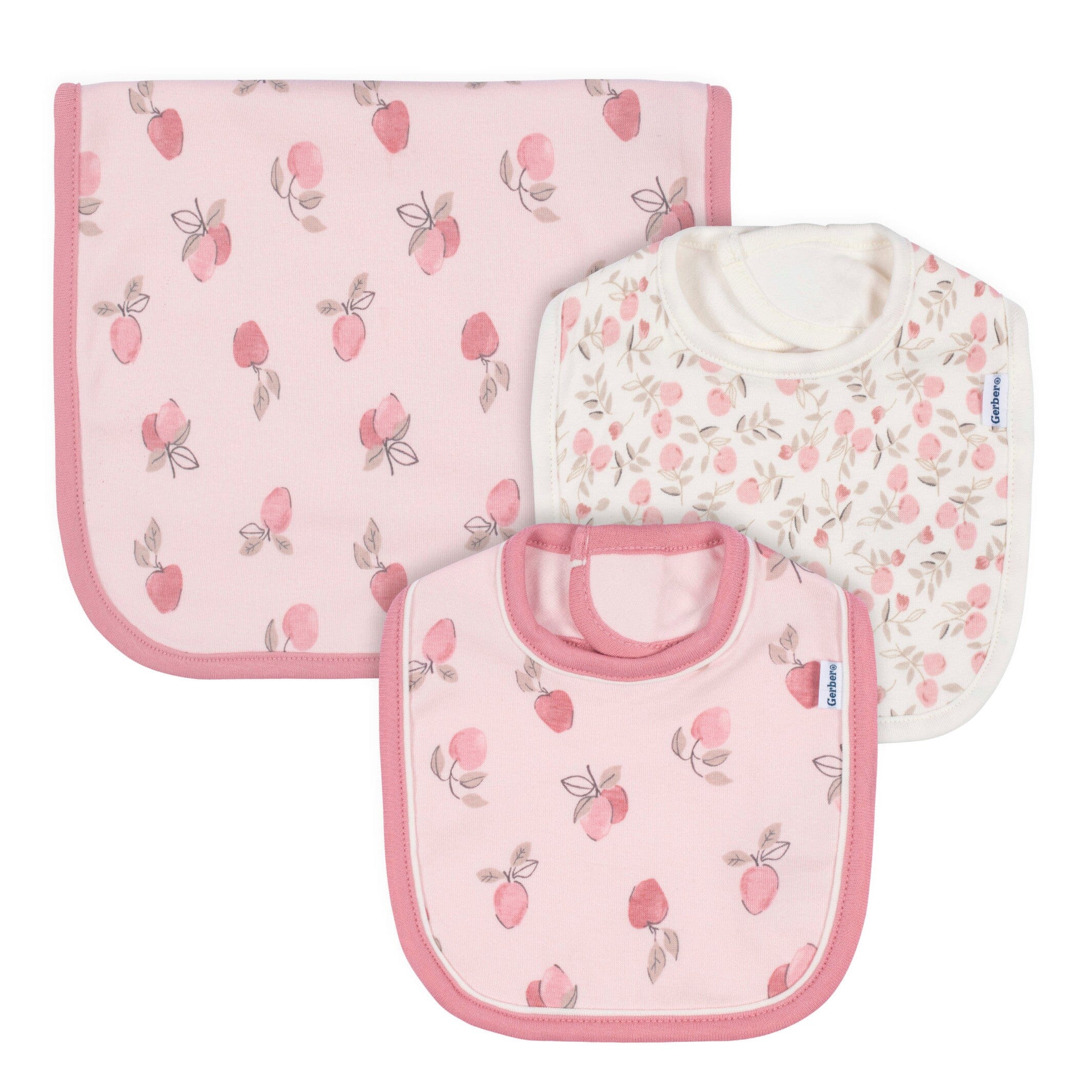 3-Piece Baby Girls Appley Sweet Bibs & Burpcloth Set