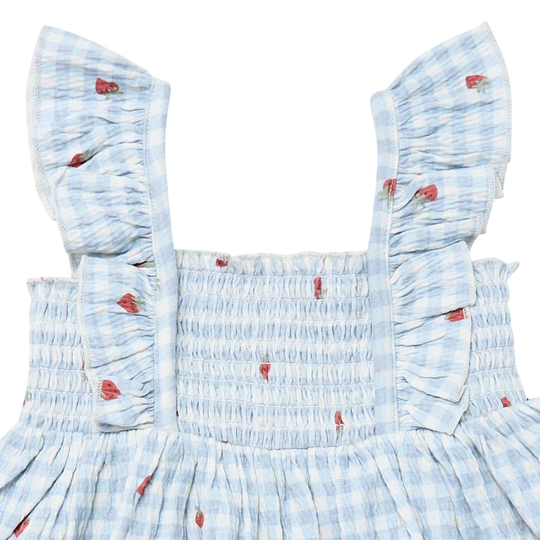 2-Piece Baby Girls Ivory Strawberry Gingham Ruffle Sleeve Dress and Diaper Cover Set