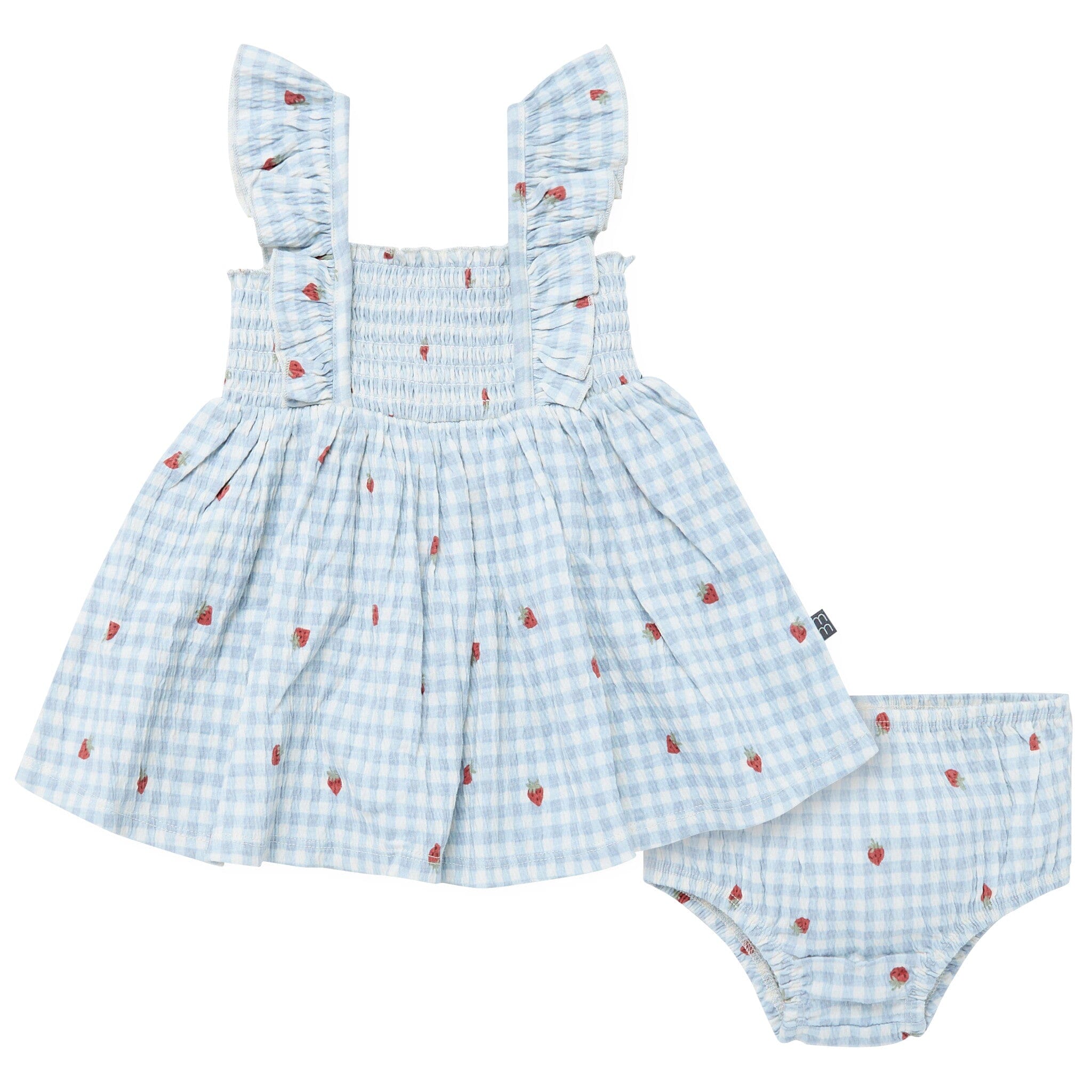 2-Piece Baby Girls Ivory Strawberry Gingham Ruffle Sleeve Dress and Diaper Cover Set