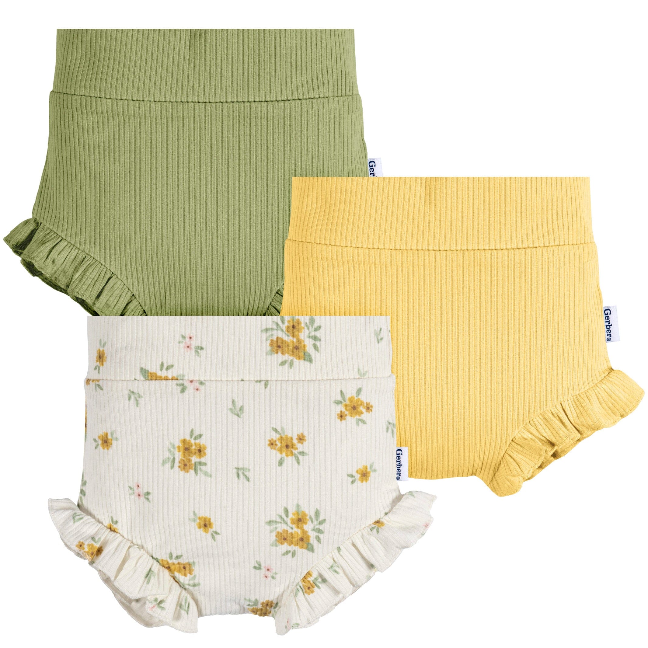 3-Pack Baby Girls Green, Yellow, & Ivory Floral Bloomer Shorts