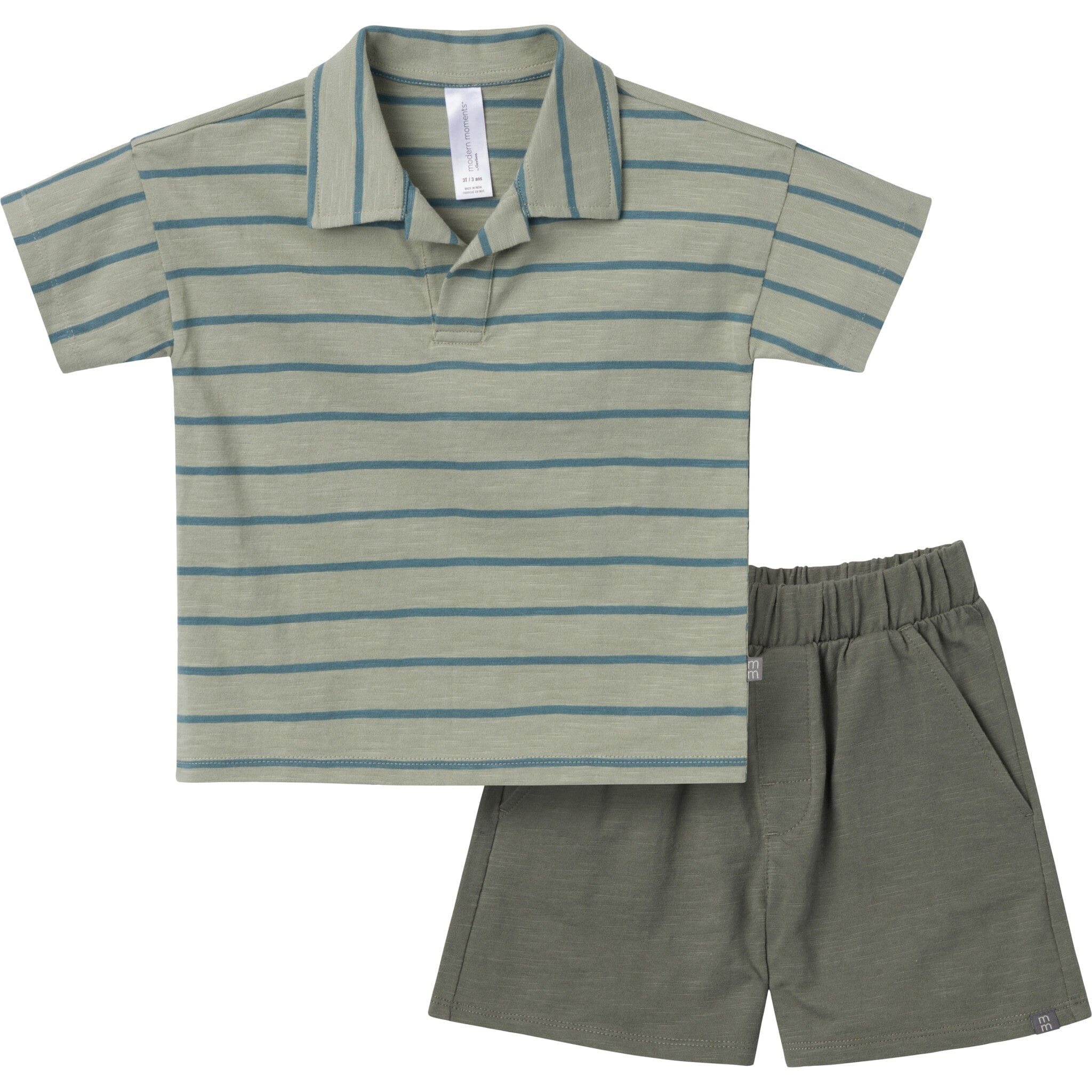 2-Piece Toddler Boys Medium Green Stripe Johnny Collar and Shorts Set