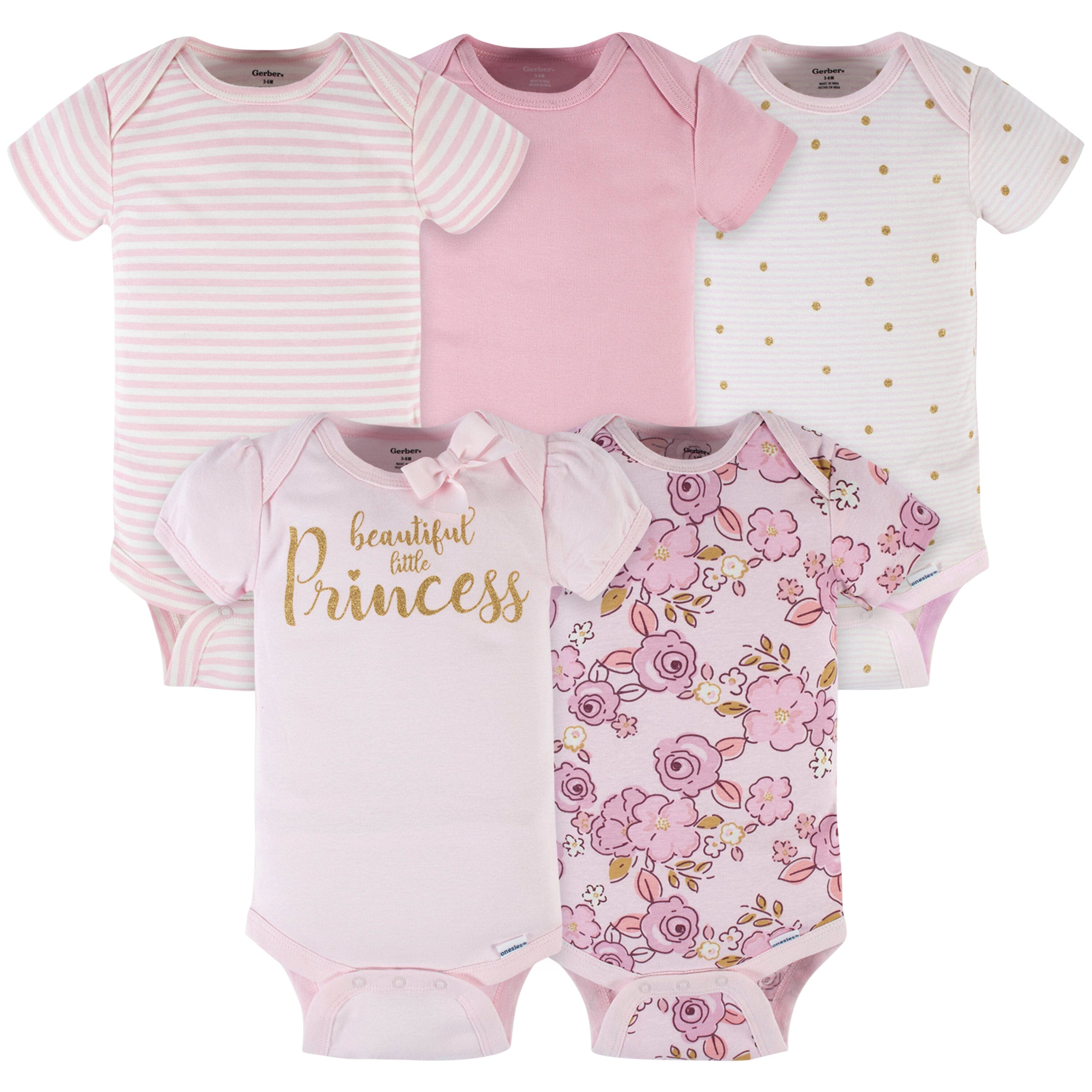 5-Pack Baby Girls Princess Short Sleeve Onesies Bodysuits