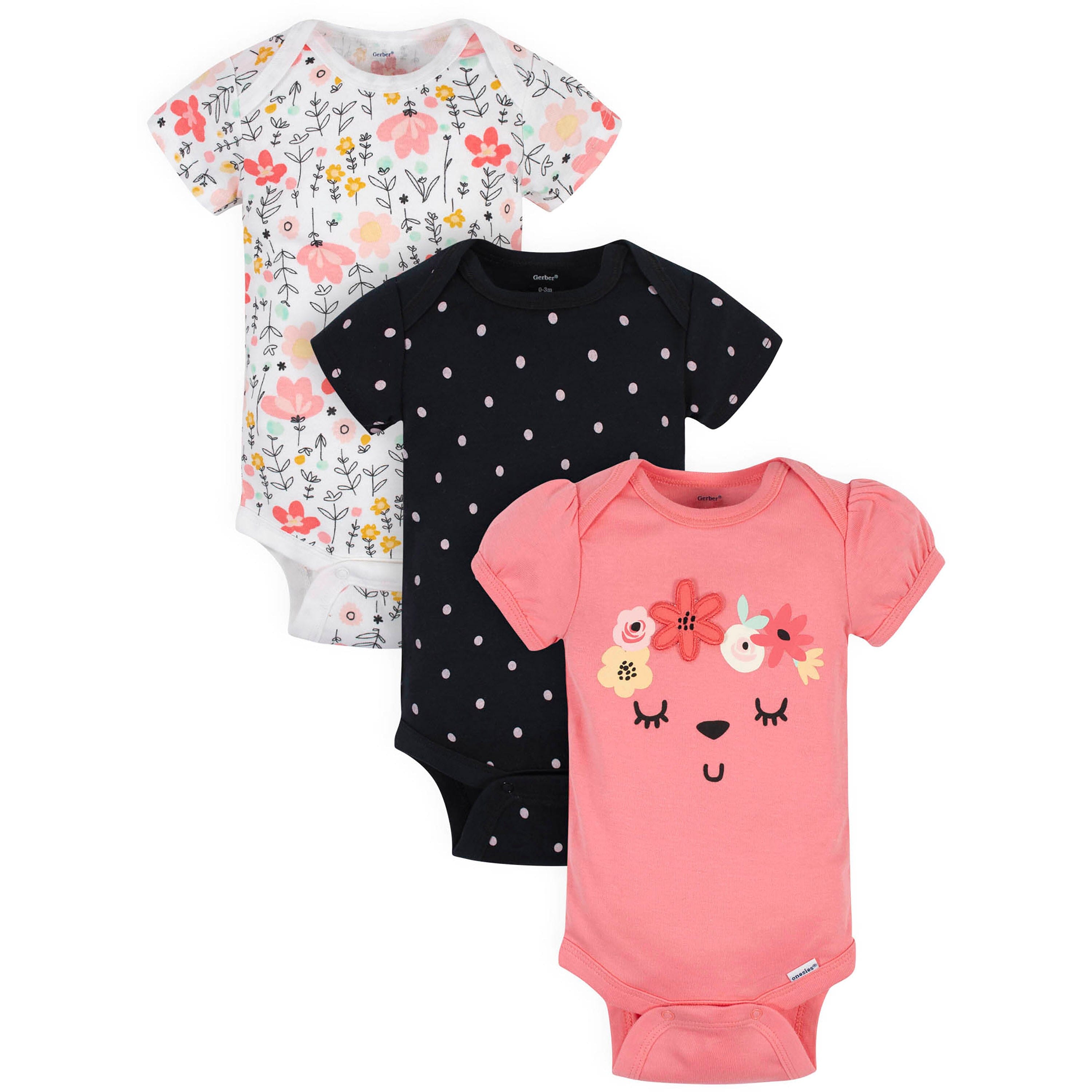 3-Pack Baby Girls Flower Garden Short Sleeve Onesies Bodysuits