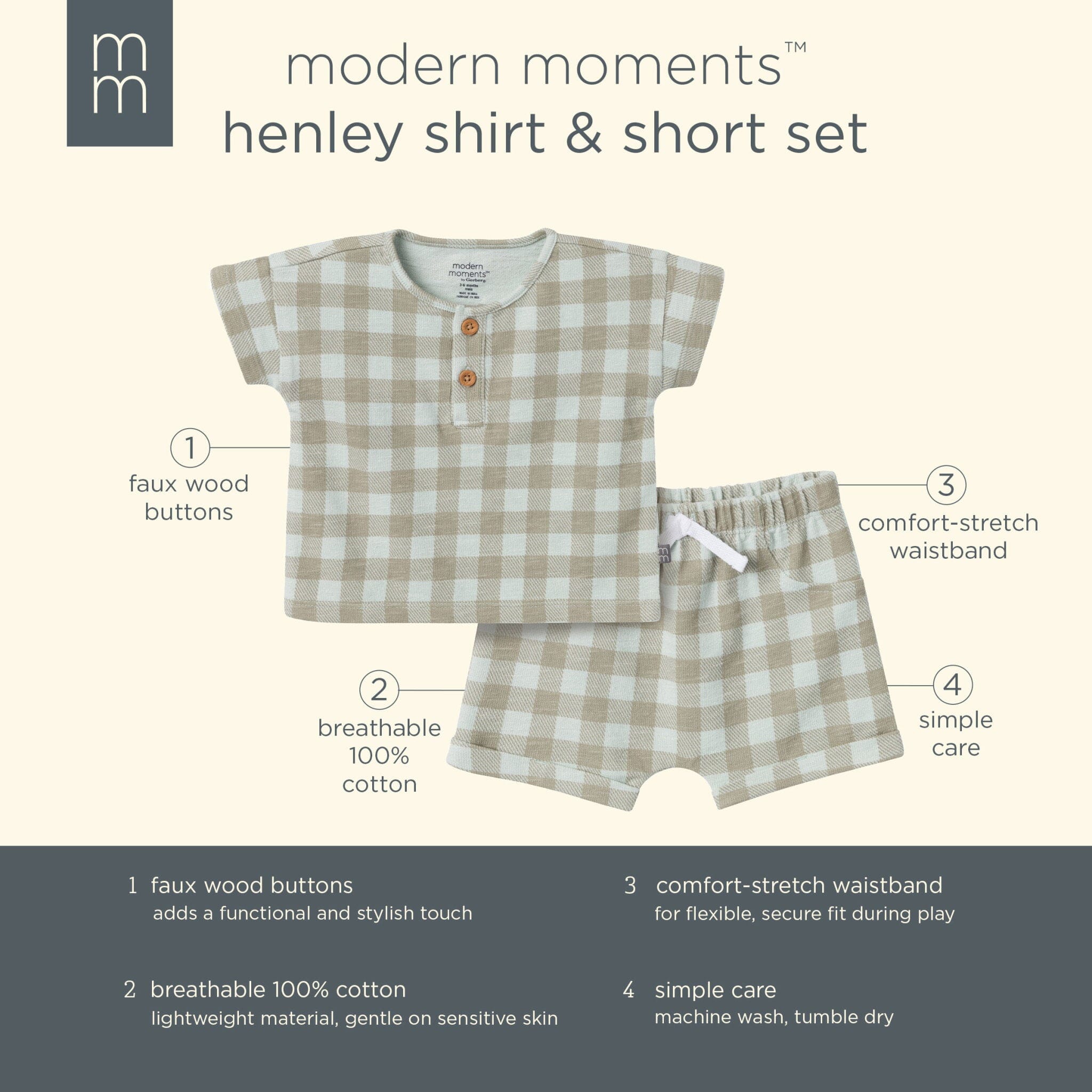 2-Piece Baby Boys Light Sky Gingham Henley Shirt and Shorts Set