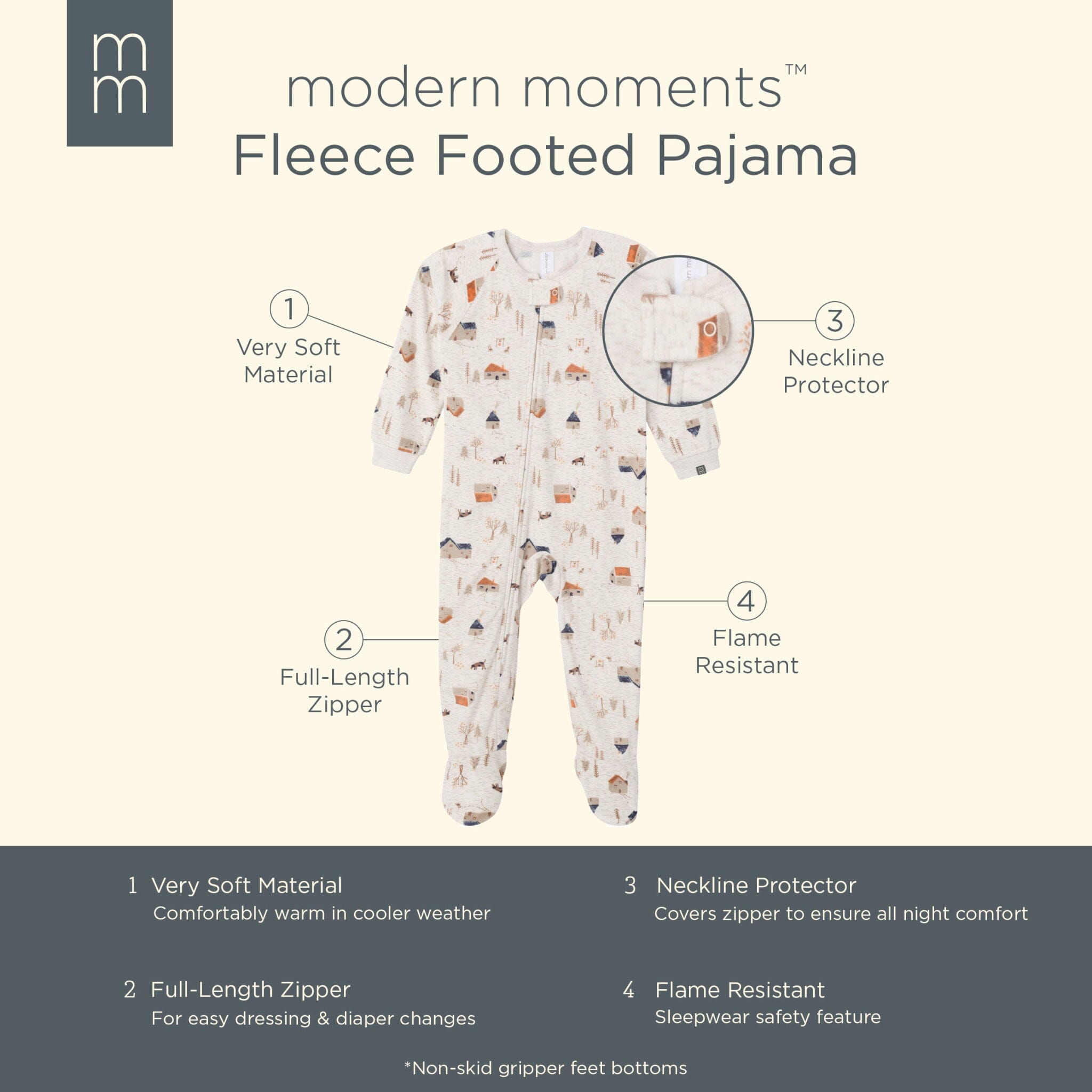 Infant and Toddler Boys Oatmeal Village Footed Fleece Pajamas