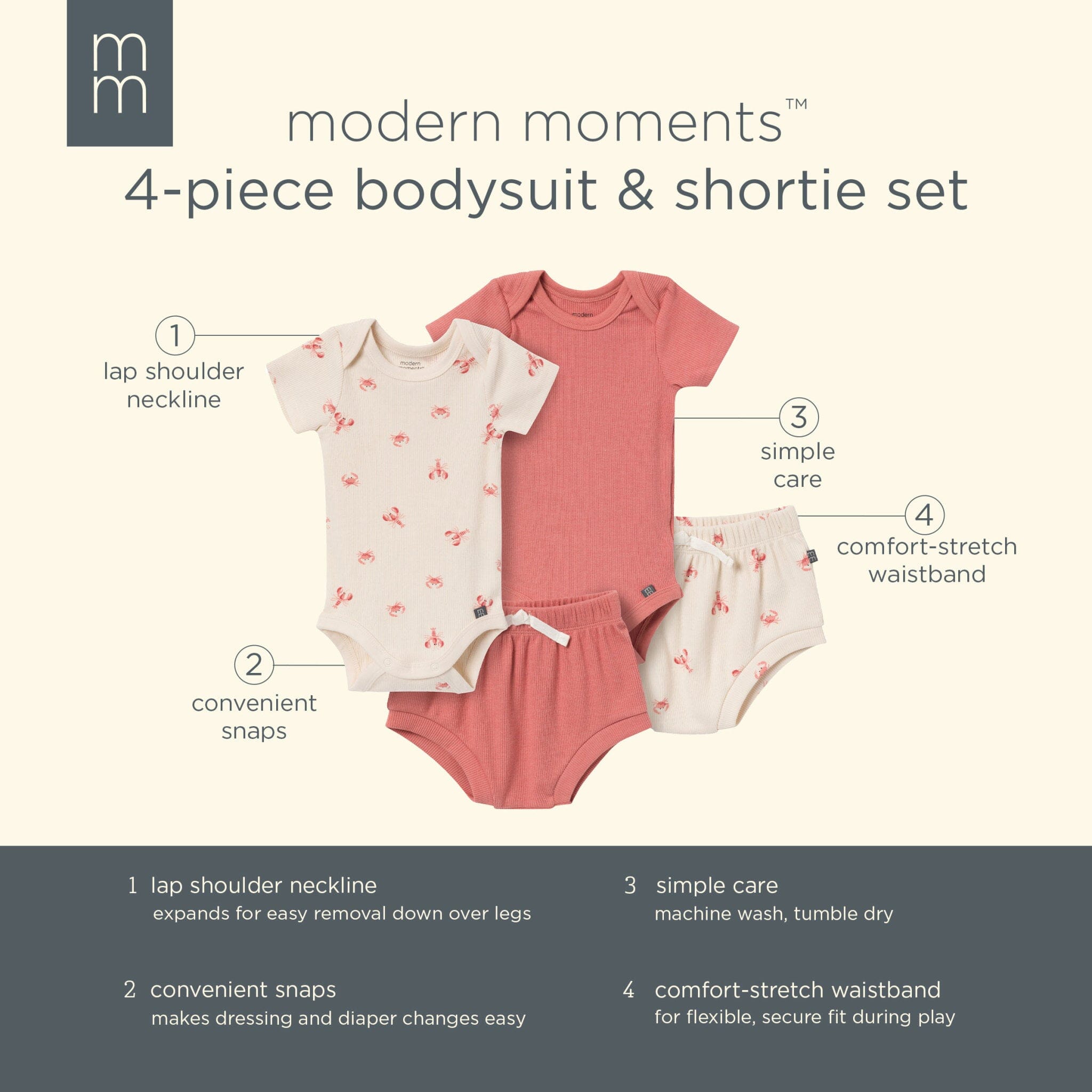 4-Pack Baby Neutral Beige Lobster Short Sleeve Bodysuits and Shorts Set