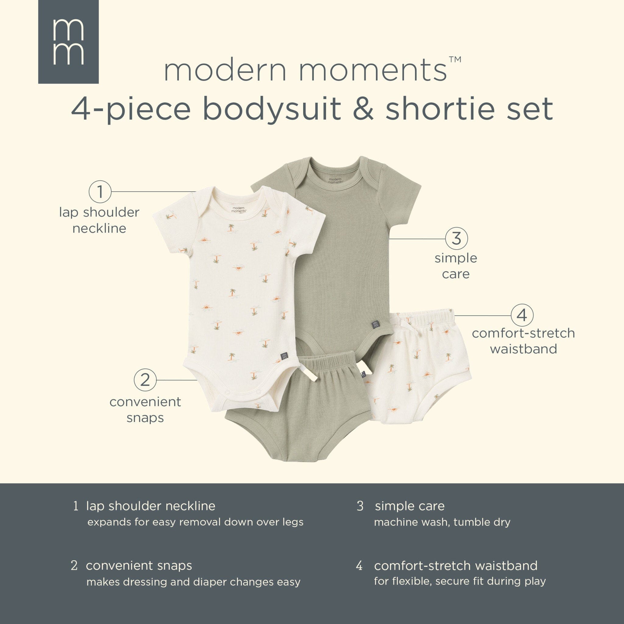 4-Pack Baby Neutral Ivory Mini Island Short Sleeve Bodysuits and Shorts Set