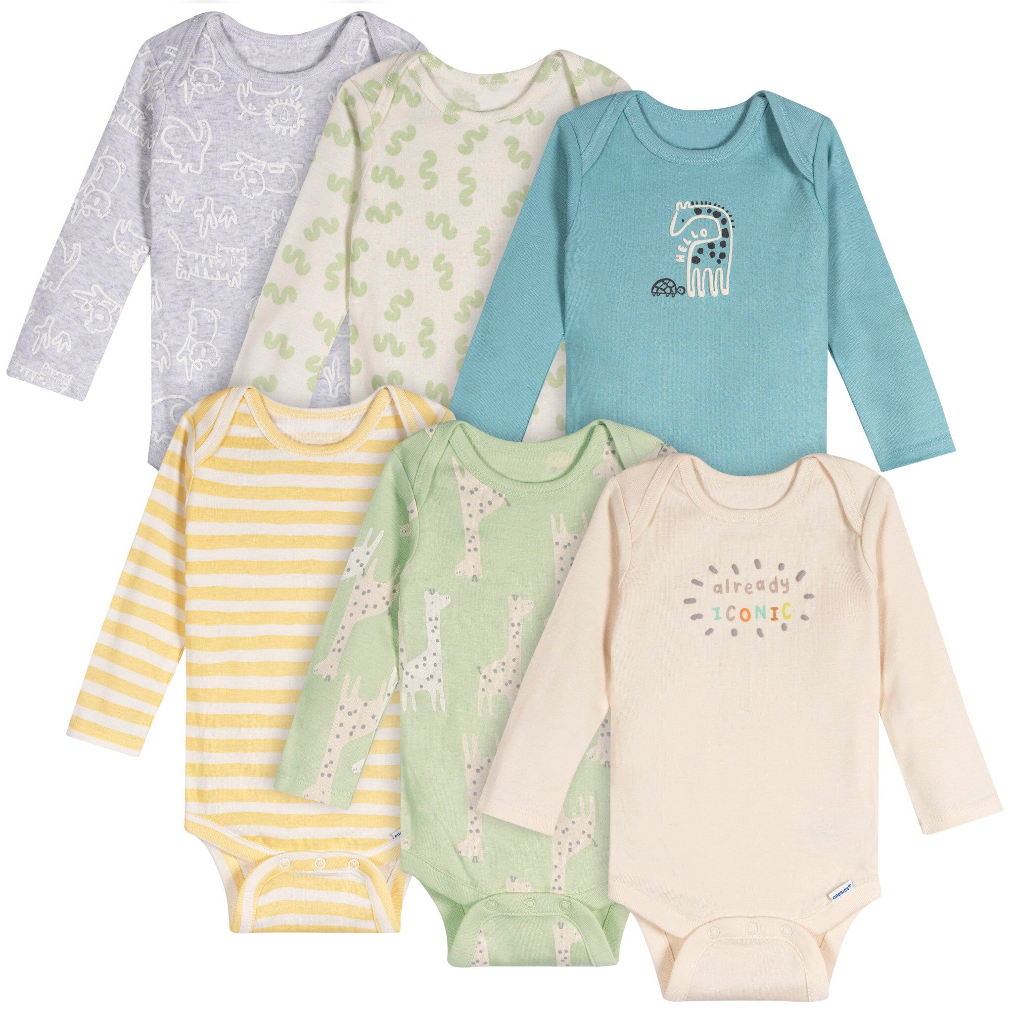 6-Pack Baby Neutral Giraffes Long Sleeve Onesies Bodysuits