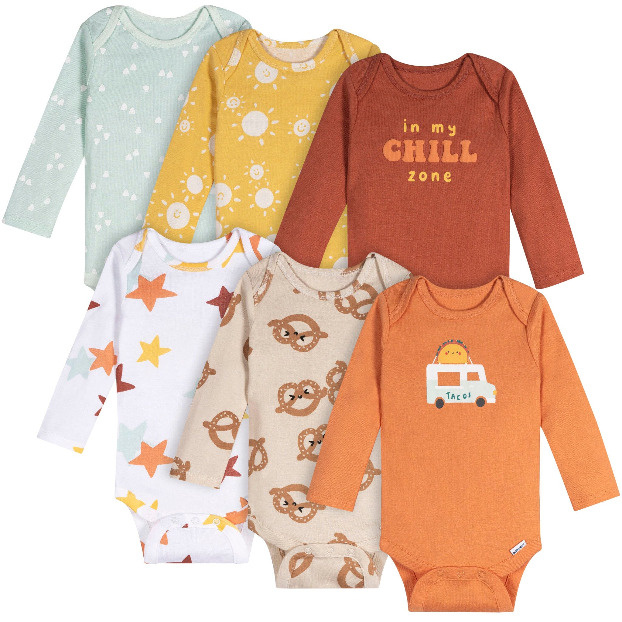 6-Pack Baby Neutral Pretzels Long Sleeve Onesies Bodysuits