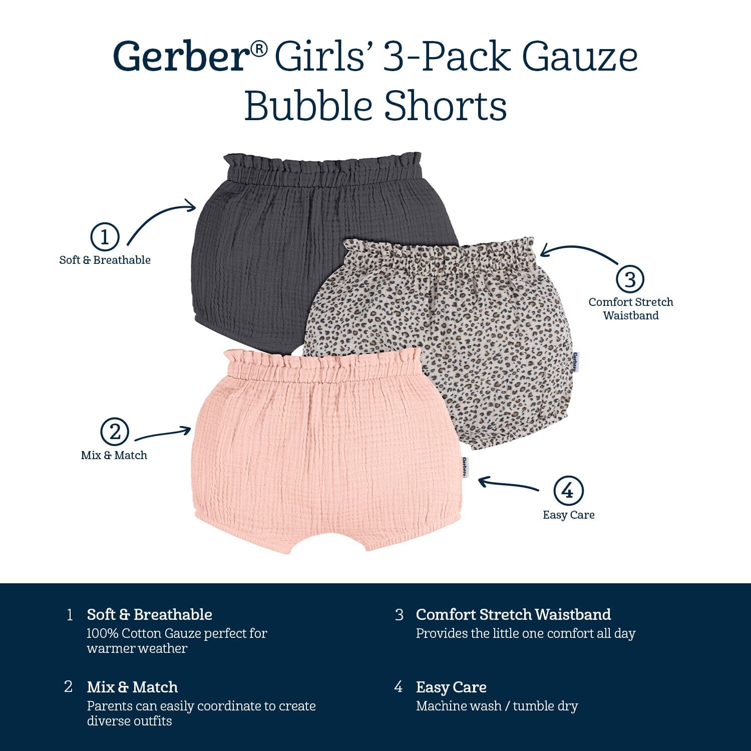 3-Pack Baby Girls Grey, Leopard, & Pink Gauze Bubble Shorts