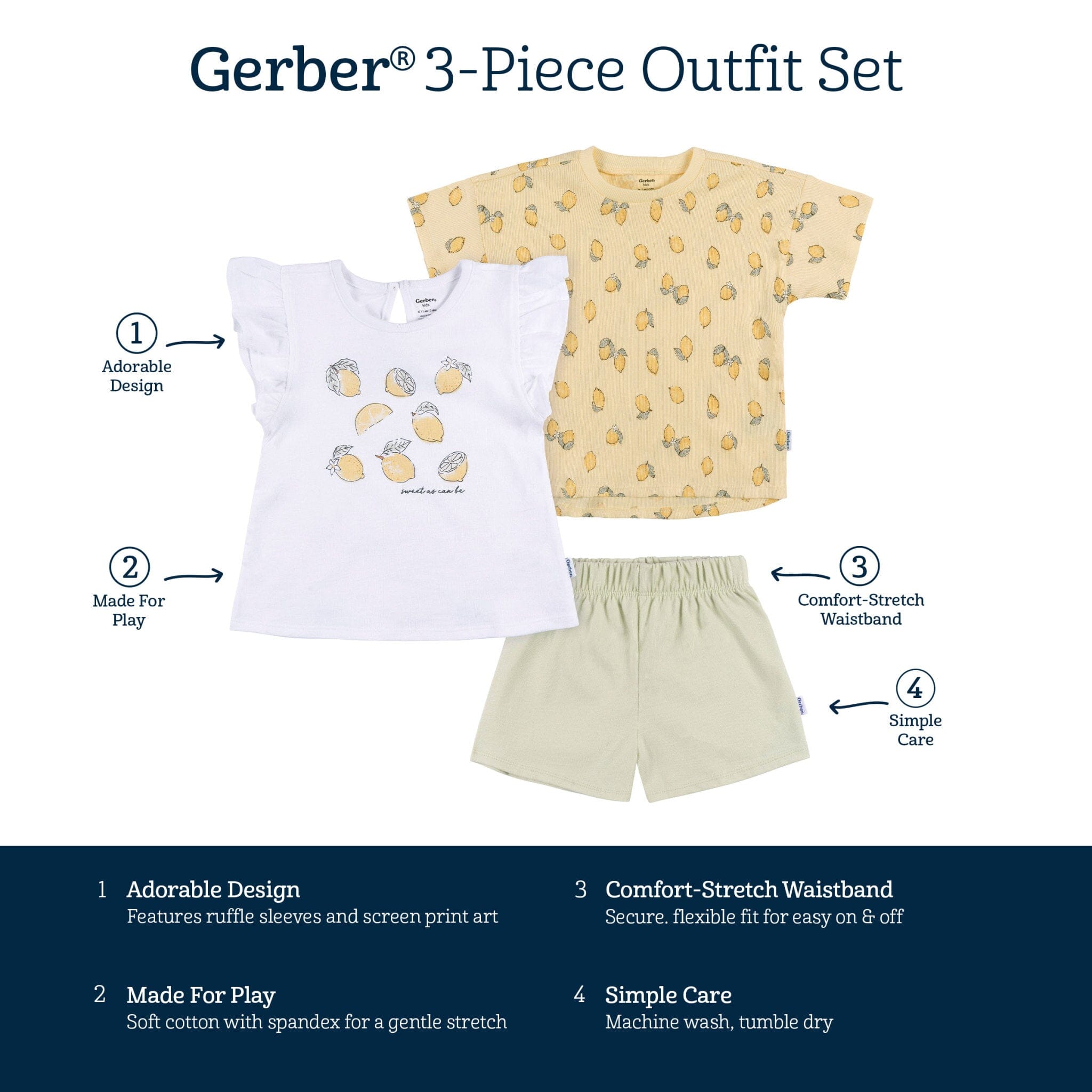 3-Piece Infant & Toddler Girls Lemons Shirt and Shorts Set