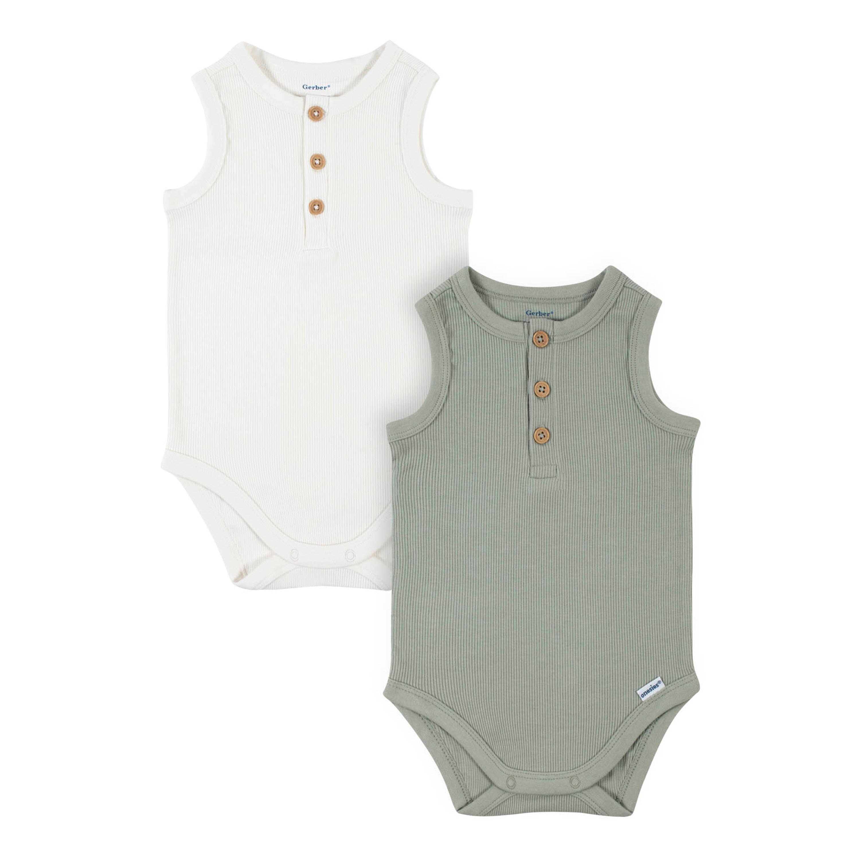 2-Pack Baby Boys Green Ivory Sleeveless Onesies Bodysuits