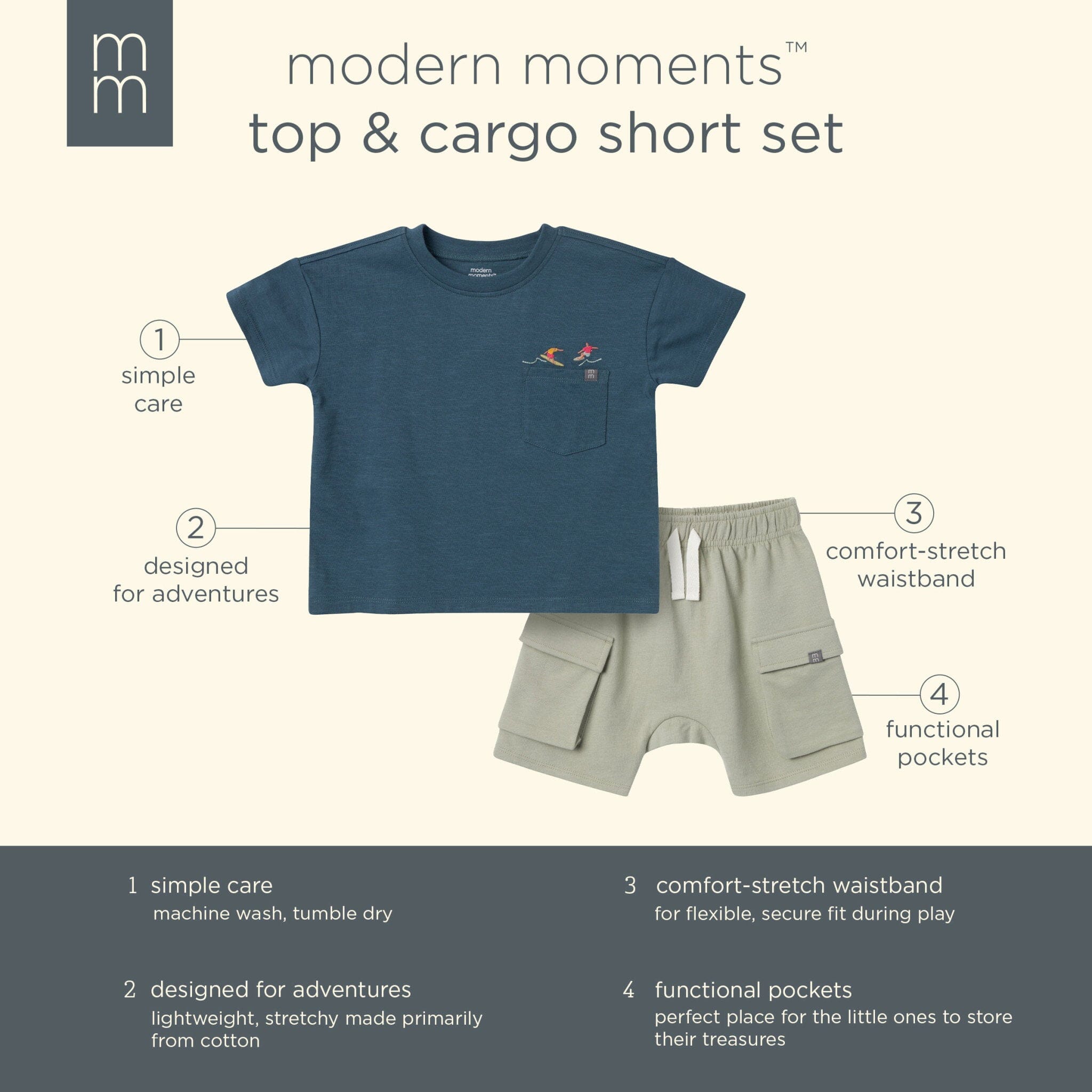 2-Piece Toddler Boys Dark Blue Top and Cargo Shorts Set