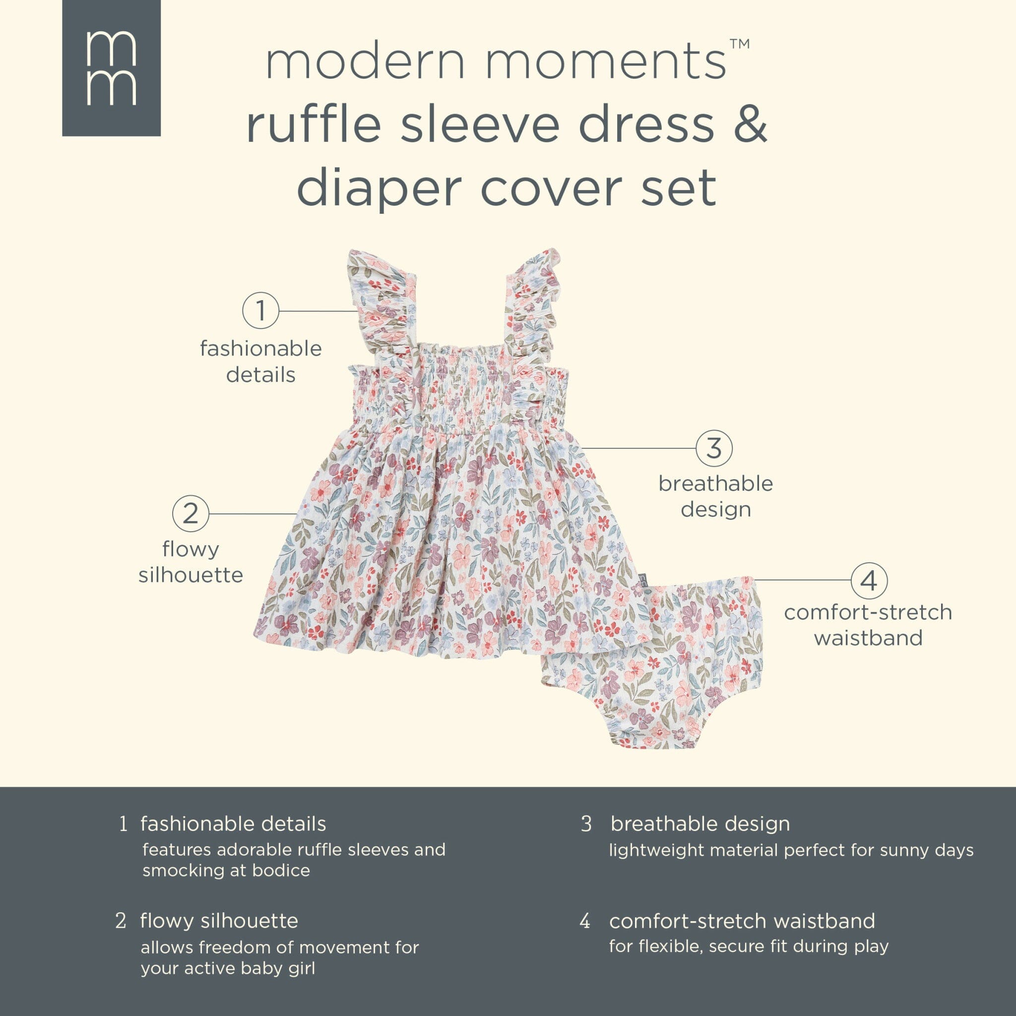 2-Piece Baby Girls Ivory Garden Ruffle Sleeve Dress and Diaper Cover Set