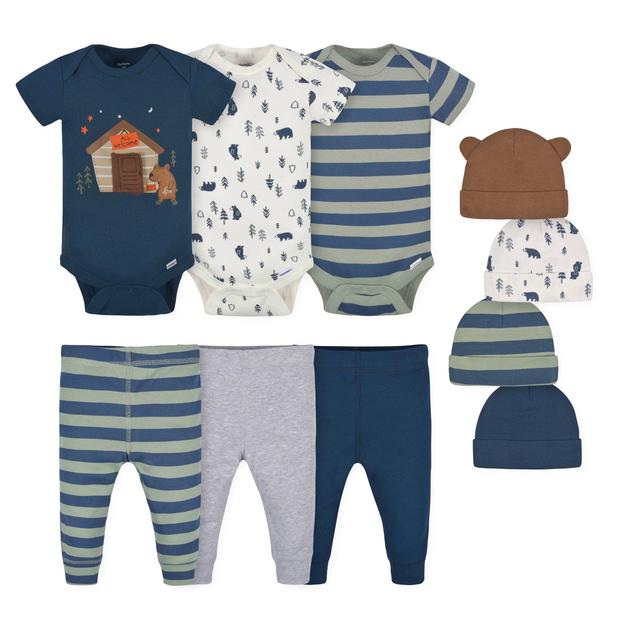 10-Piece Baby Boys Bear Onesies Bodysuits, Pants, and Caps Set