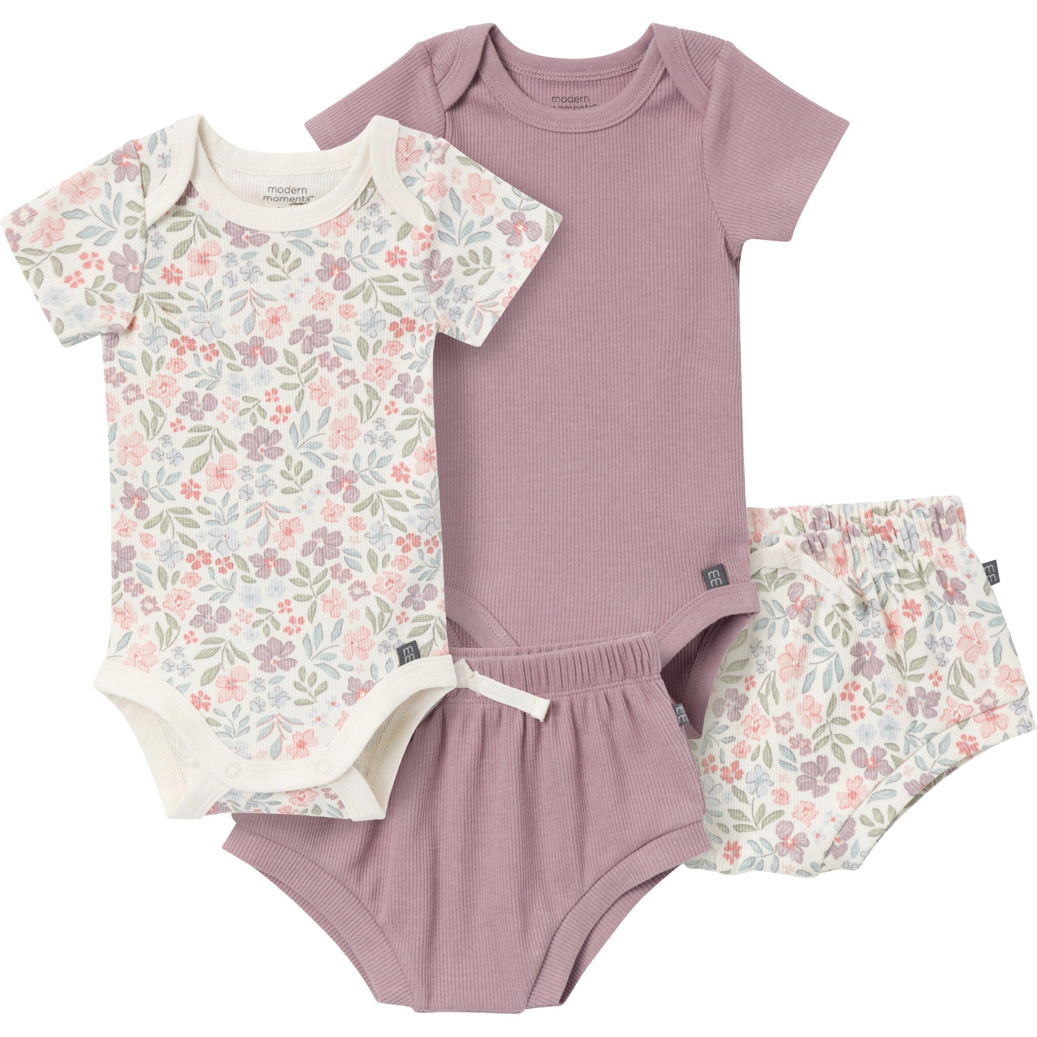 4-Pack Baby Girls Ivory Garden Short Sleeve Bodysuits and Shorts Set