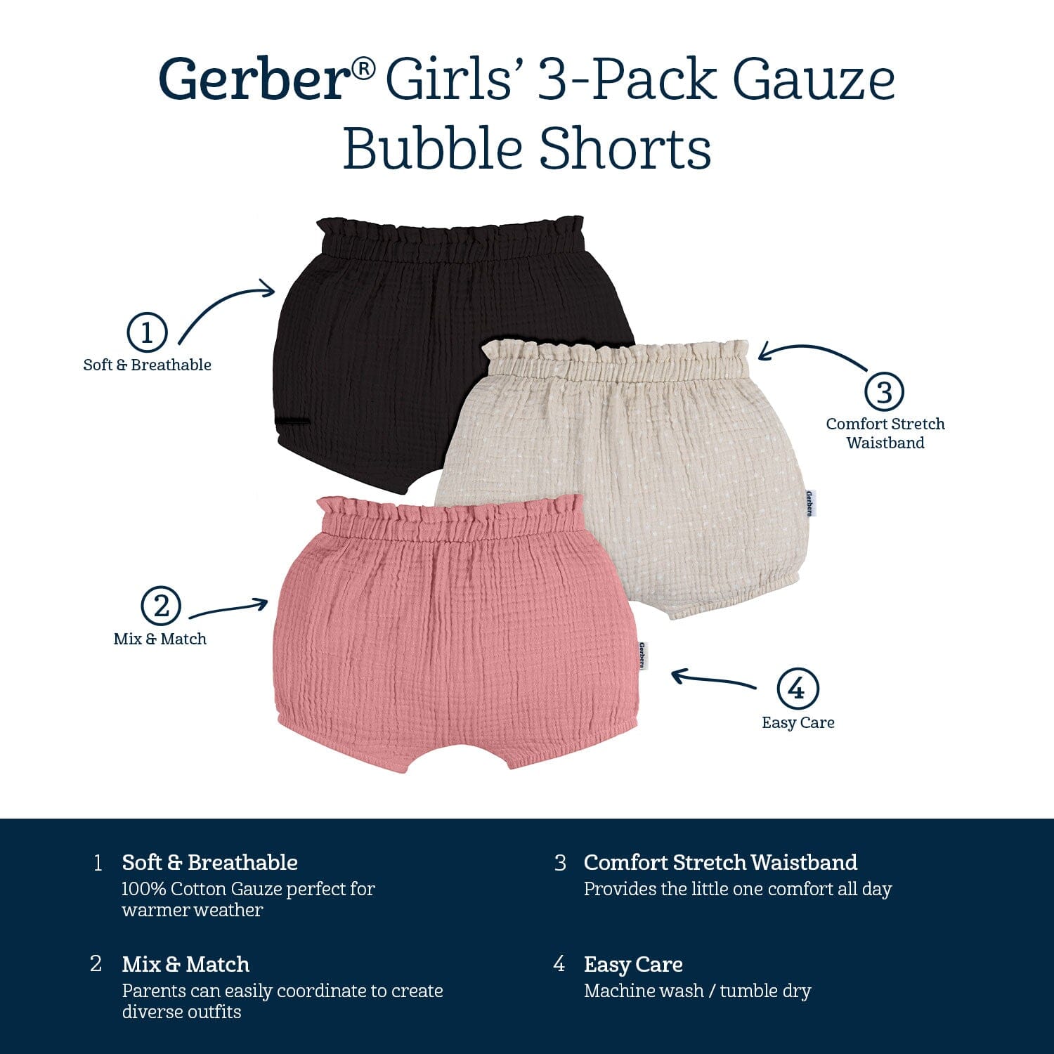 3-Pack Baby Girls Black, Tan Dot & Pink Gauze Bubble Shorts