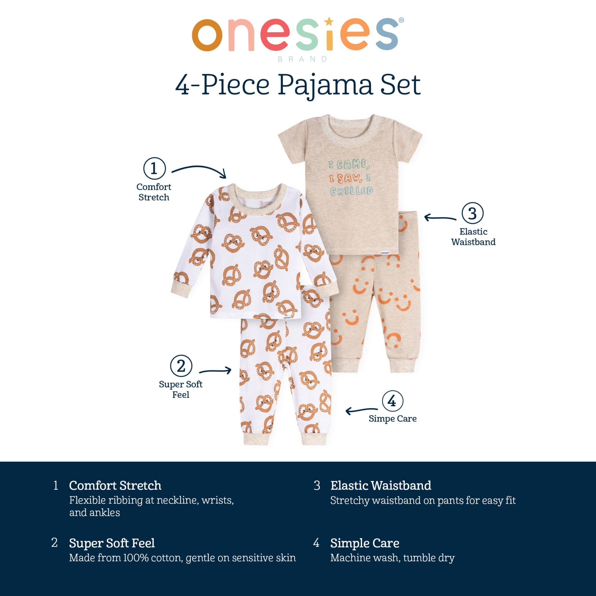 4-Piece Baby Neutral Pretzels Pajamas Sets