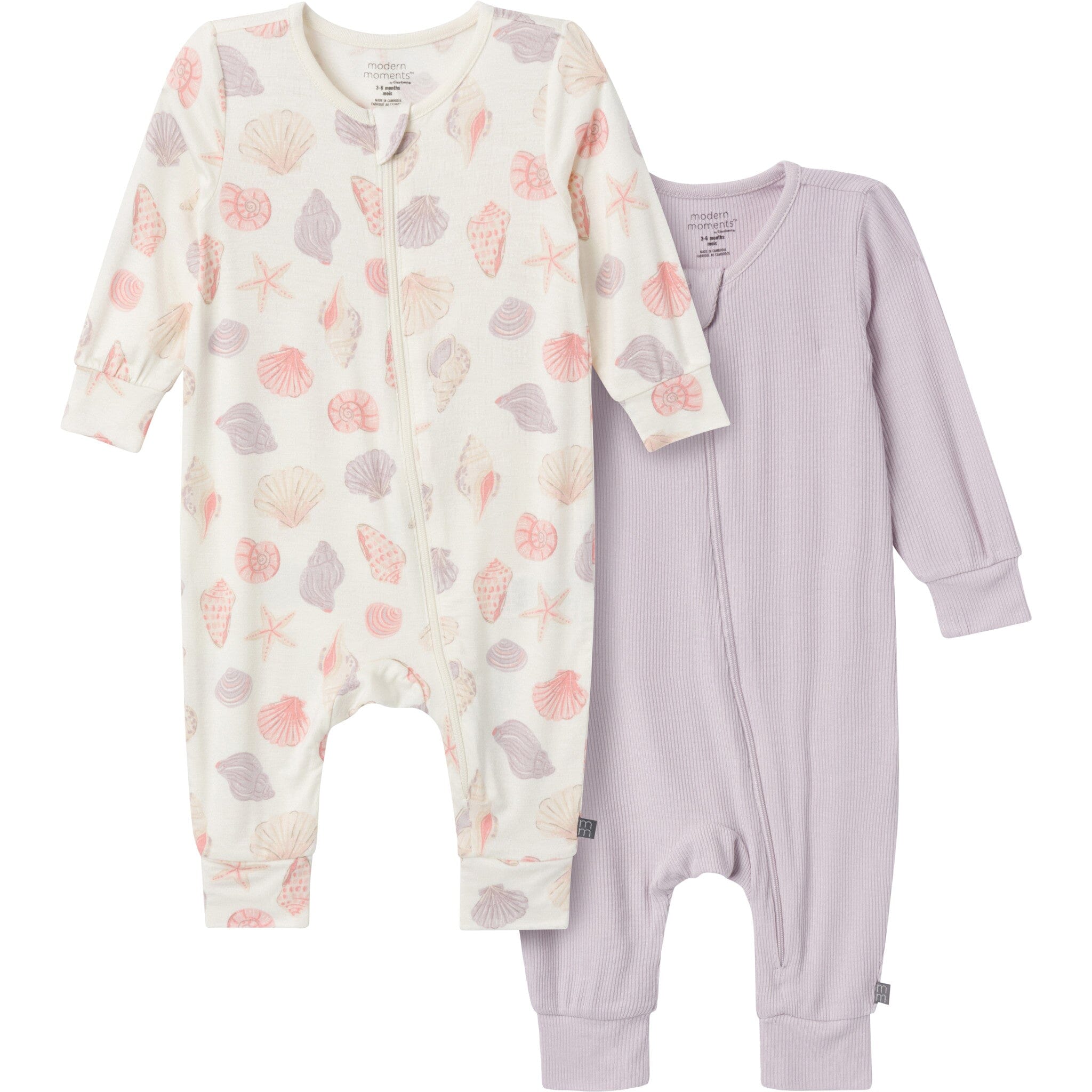 2-Pack Baby Girls Ivory Seashells Footless Pajamas