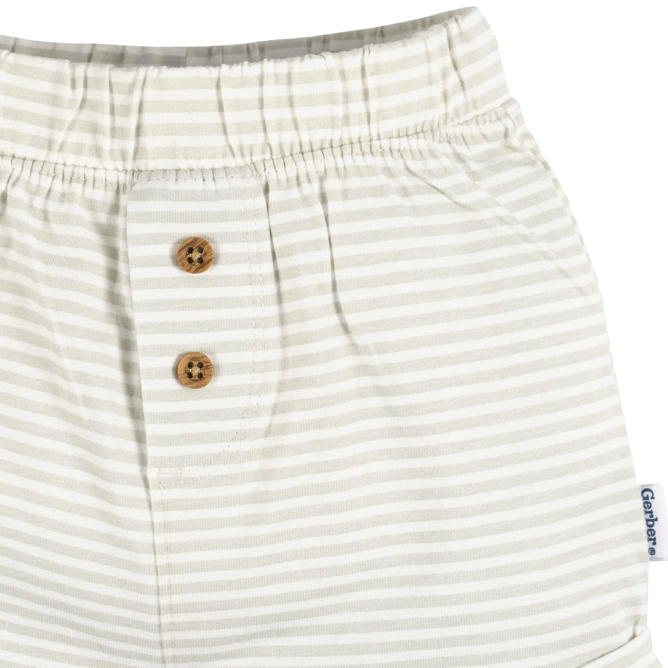 3-Pack Baby Neutral Tan Stripe, Dark Grey Heather, & Black Knit Shorts