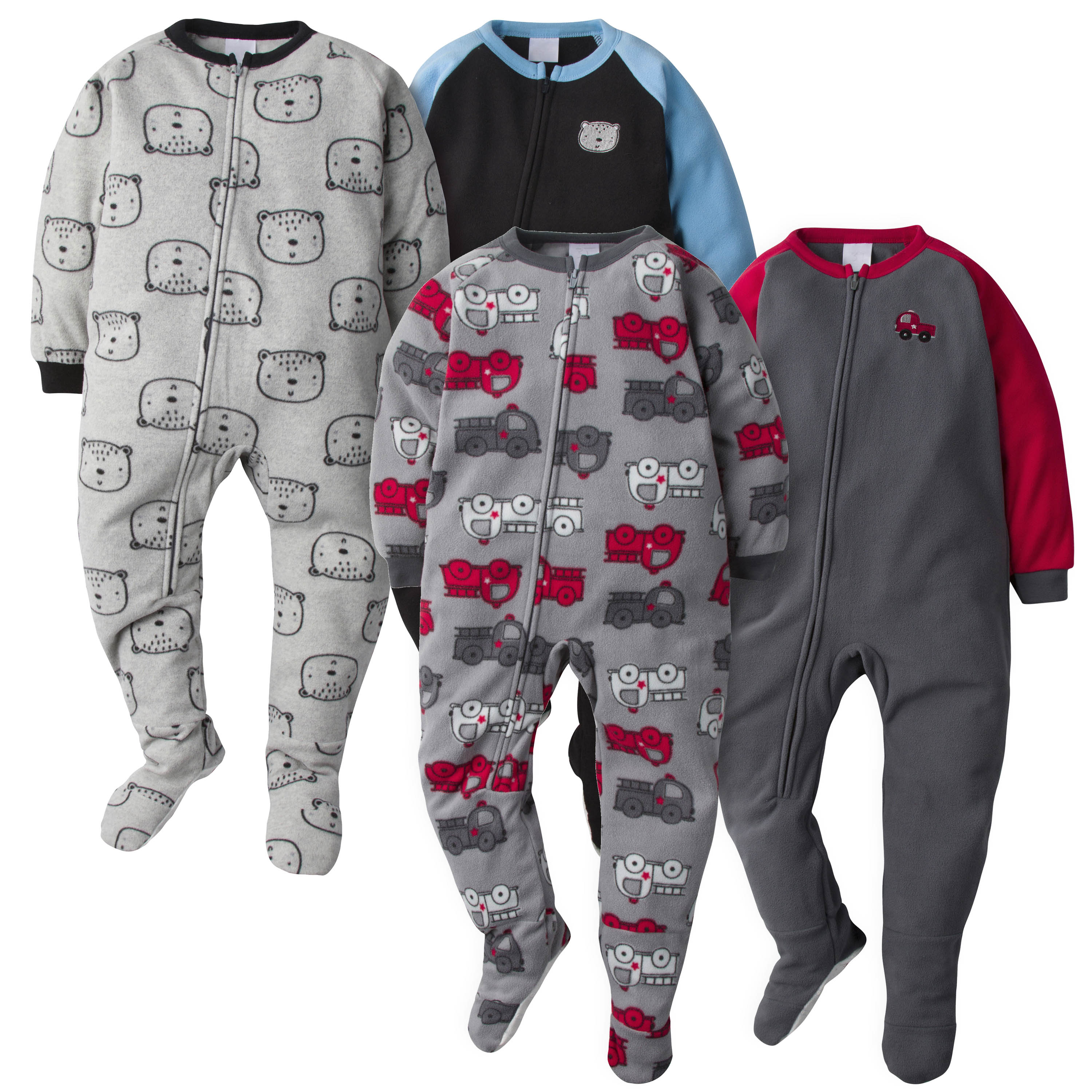 4-Pack Toddler Boys Fleece Pajamas - Firetrucks & Bear Heads