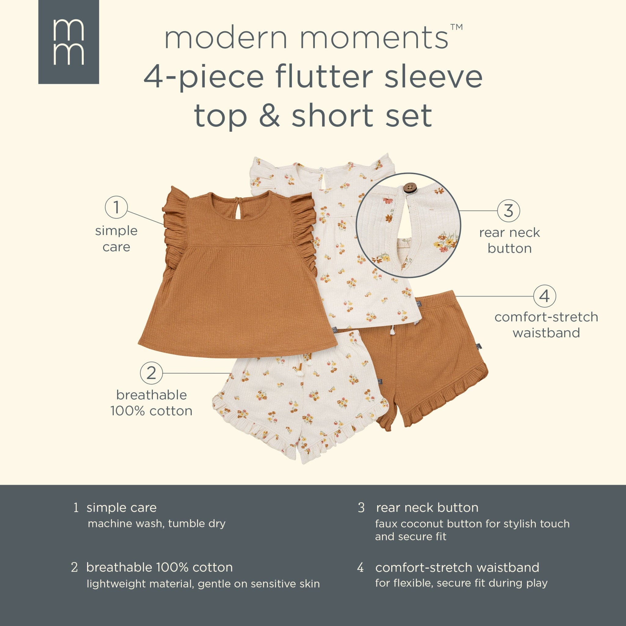 4-Piece Infant & Toddler Girls Beige Flowers Flutter Sleeve Top and Shorts Set