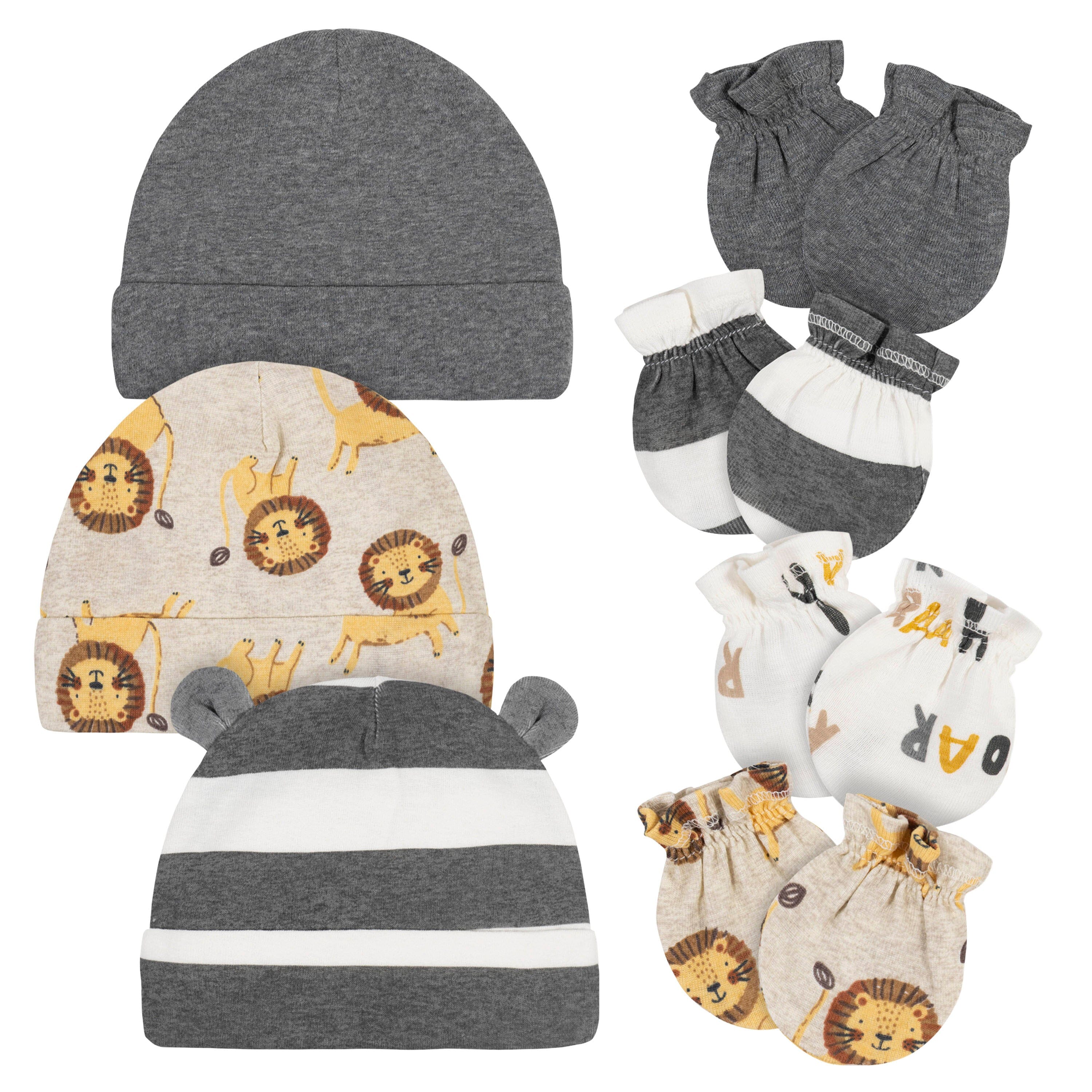 7-Piece Baby Neutral Lion Caps & Mittens Set