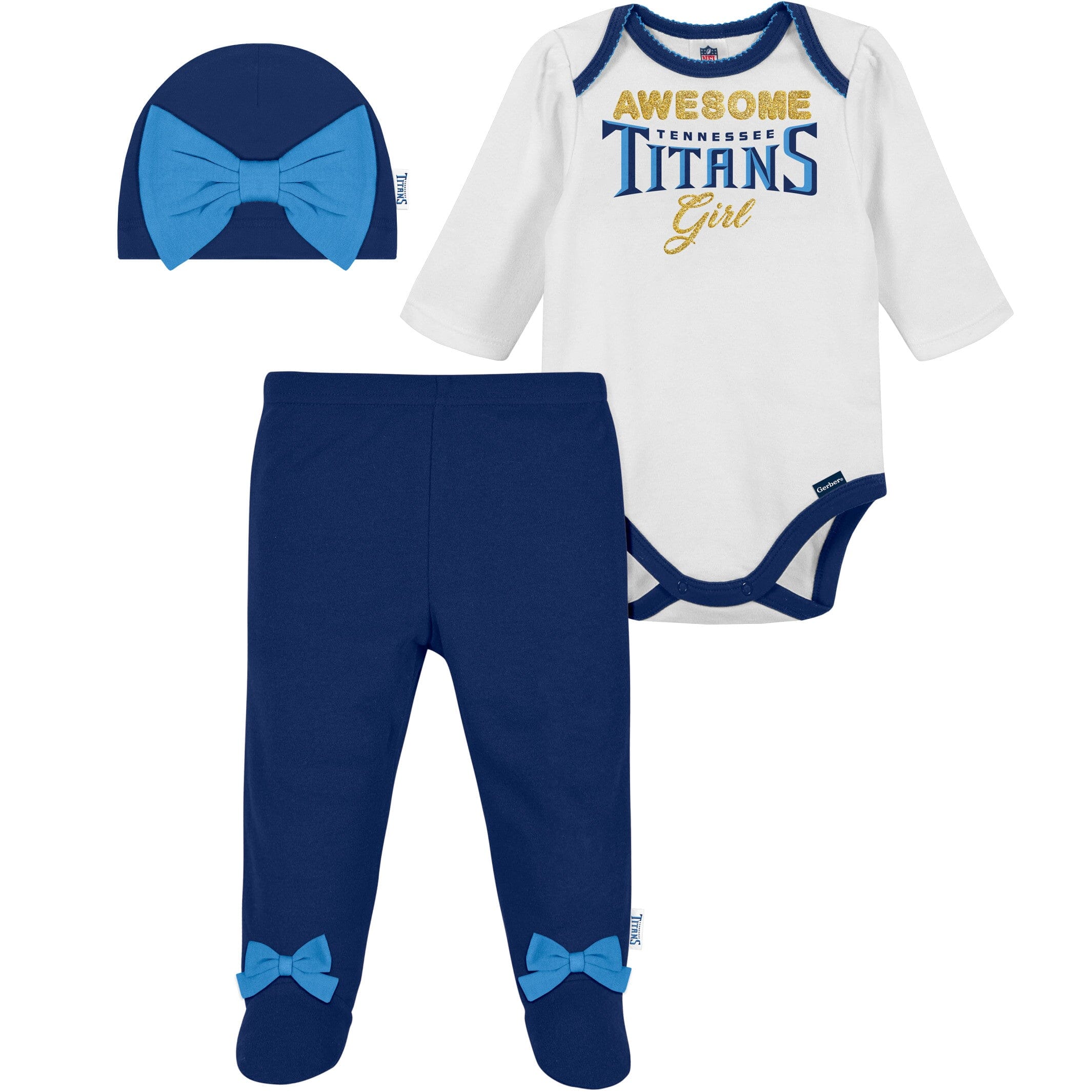 3-Piece Baby Girls Titans Bodysuit, Footed Pant, & Cap Set