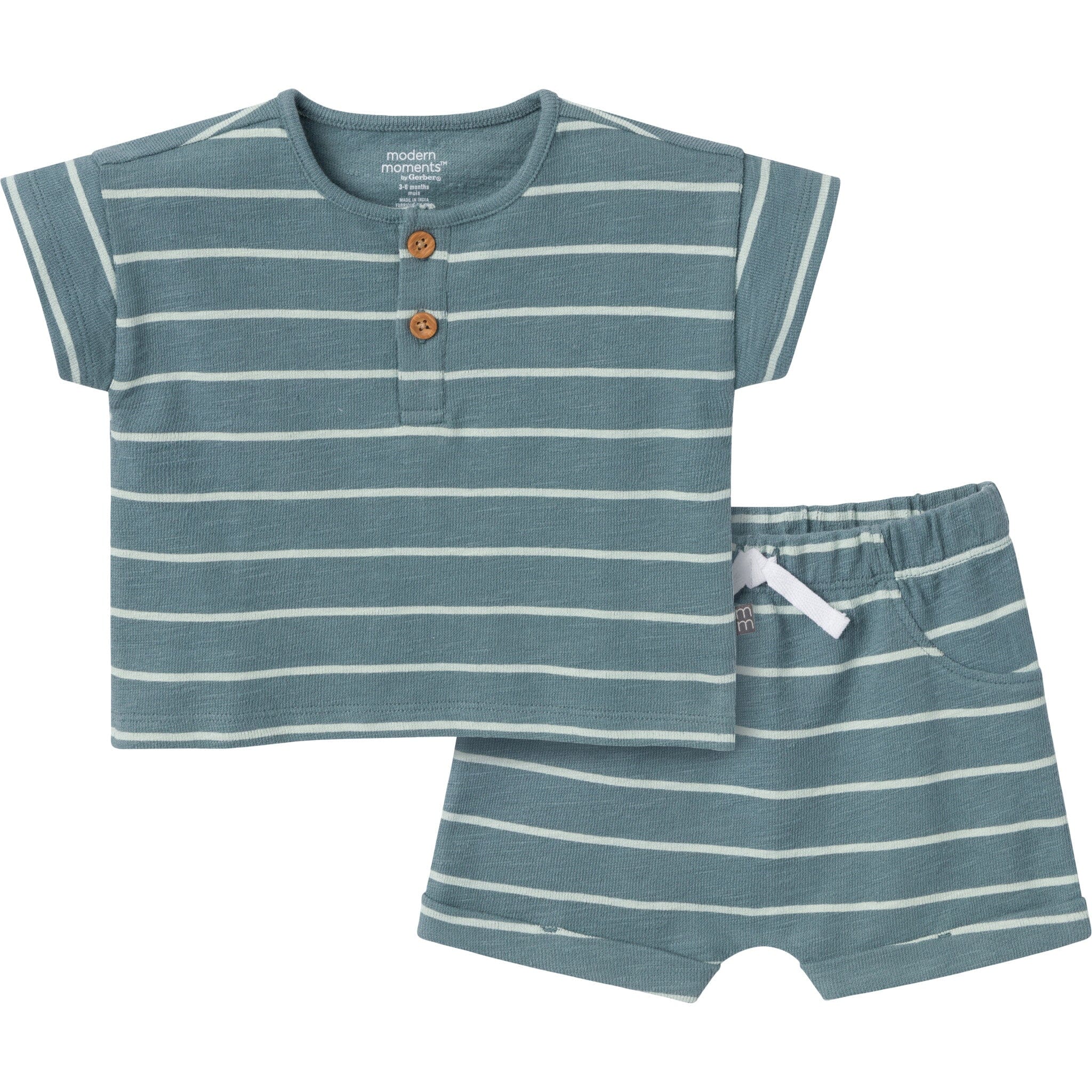 2-Piece Baby Boys Medium Teal Stripe Henley Shirt and Shorts Set