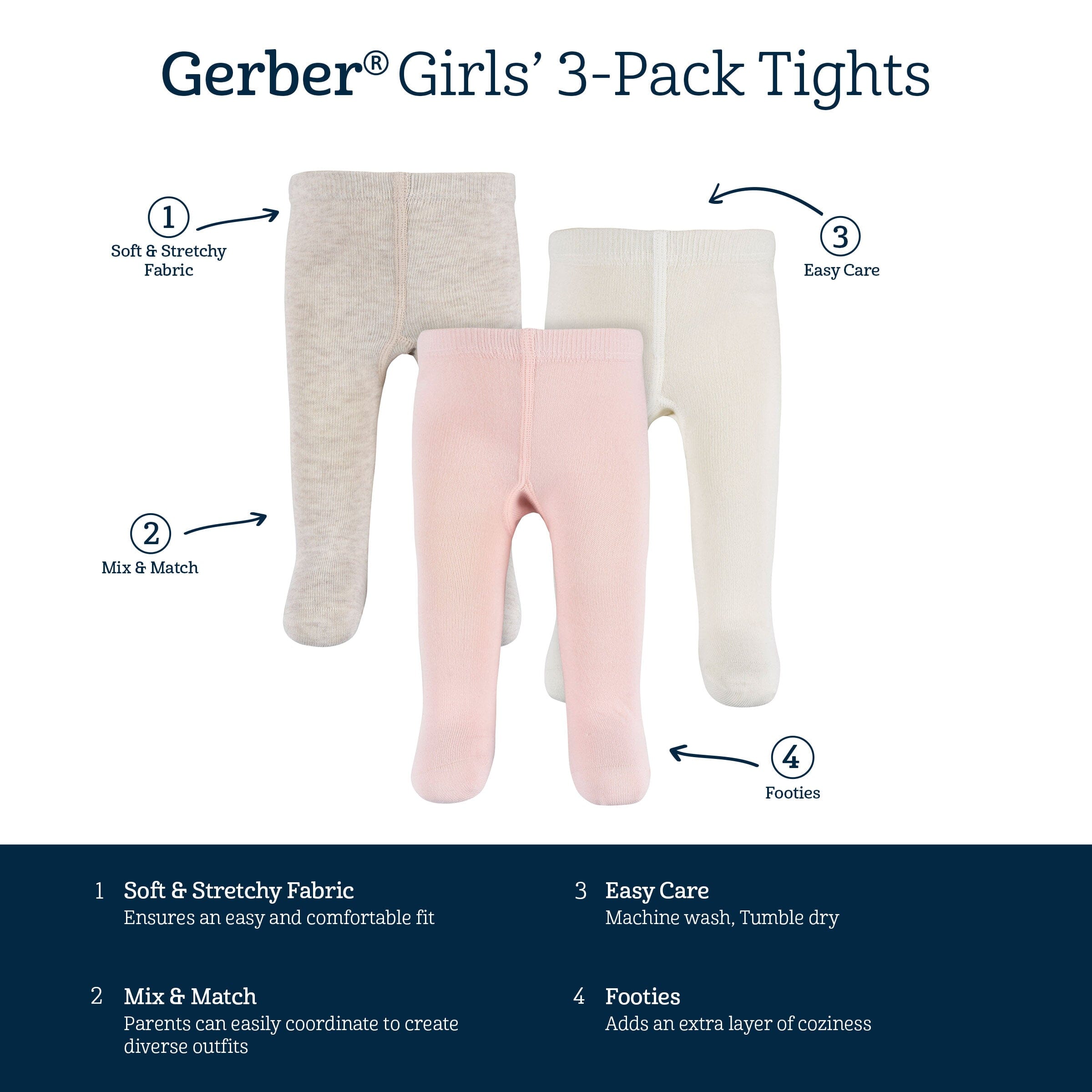 3-Pack Baby and Toddler Girls Oatmeal Heather, Ivory, and Pink Tights