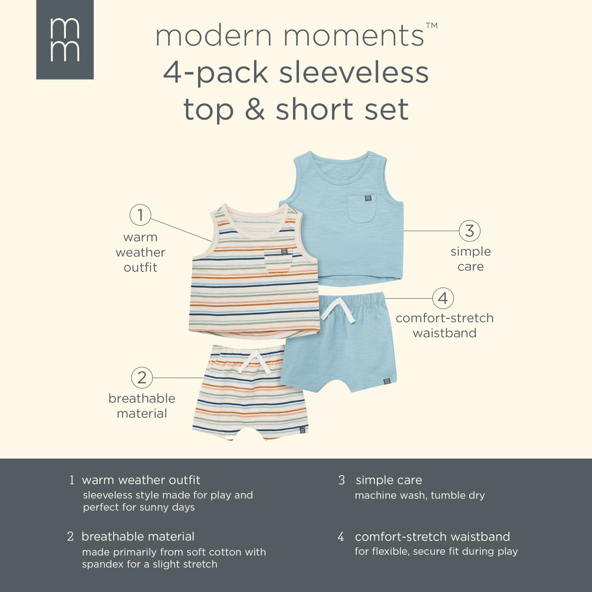 4-Piece Baby Boys Beige Stripe/Medium Teal Sleeveless Shirt and Shorts Set