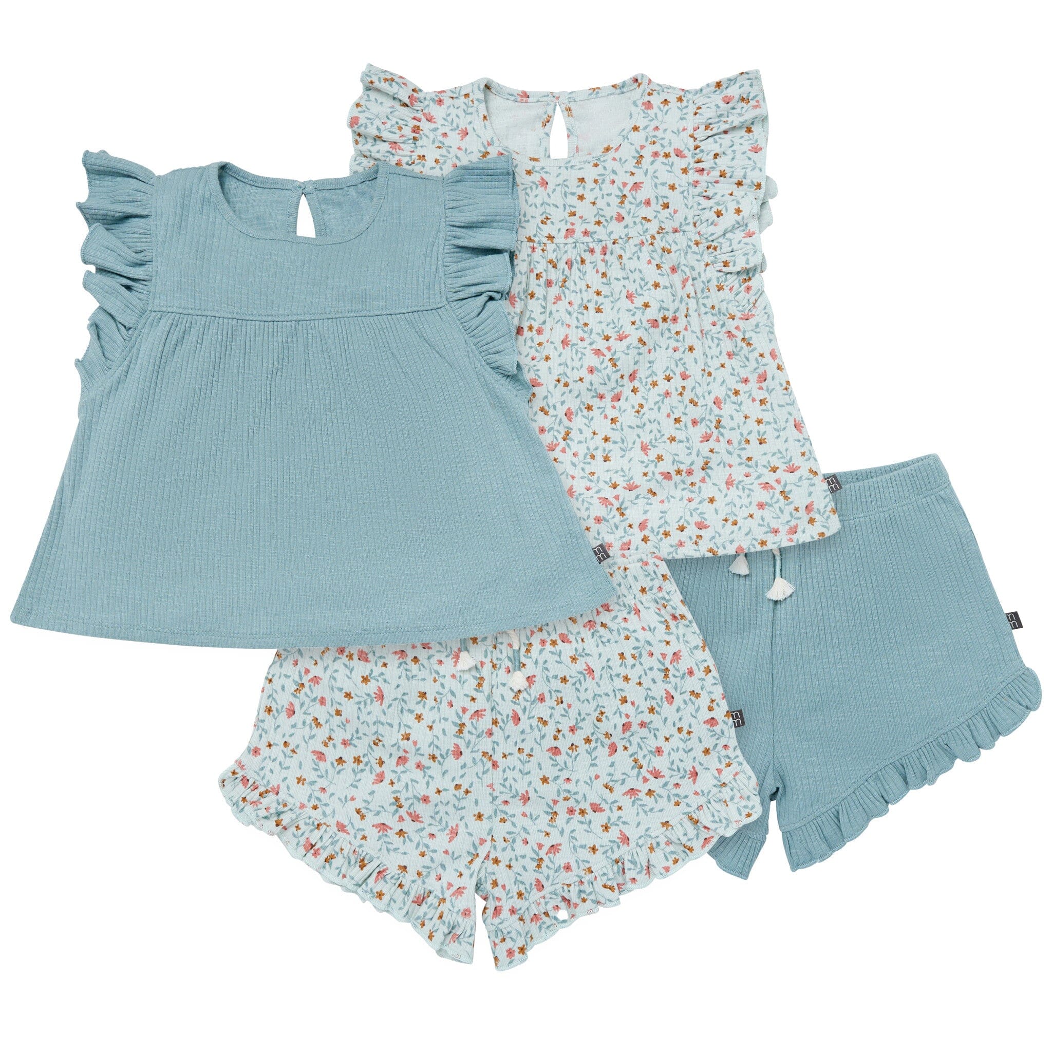 4-Piece Infant & Toddler Girls Light Sky Vine Floral Flutter Sleeve Top and Shorts Set