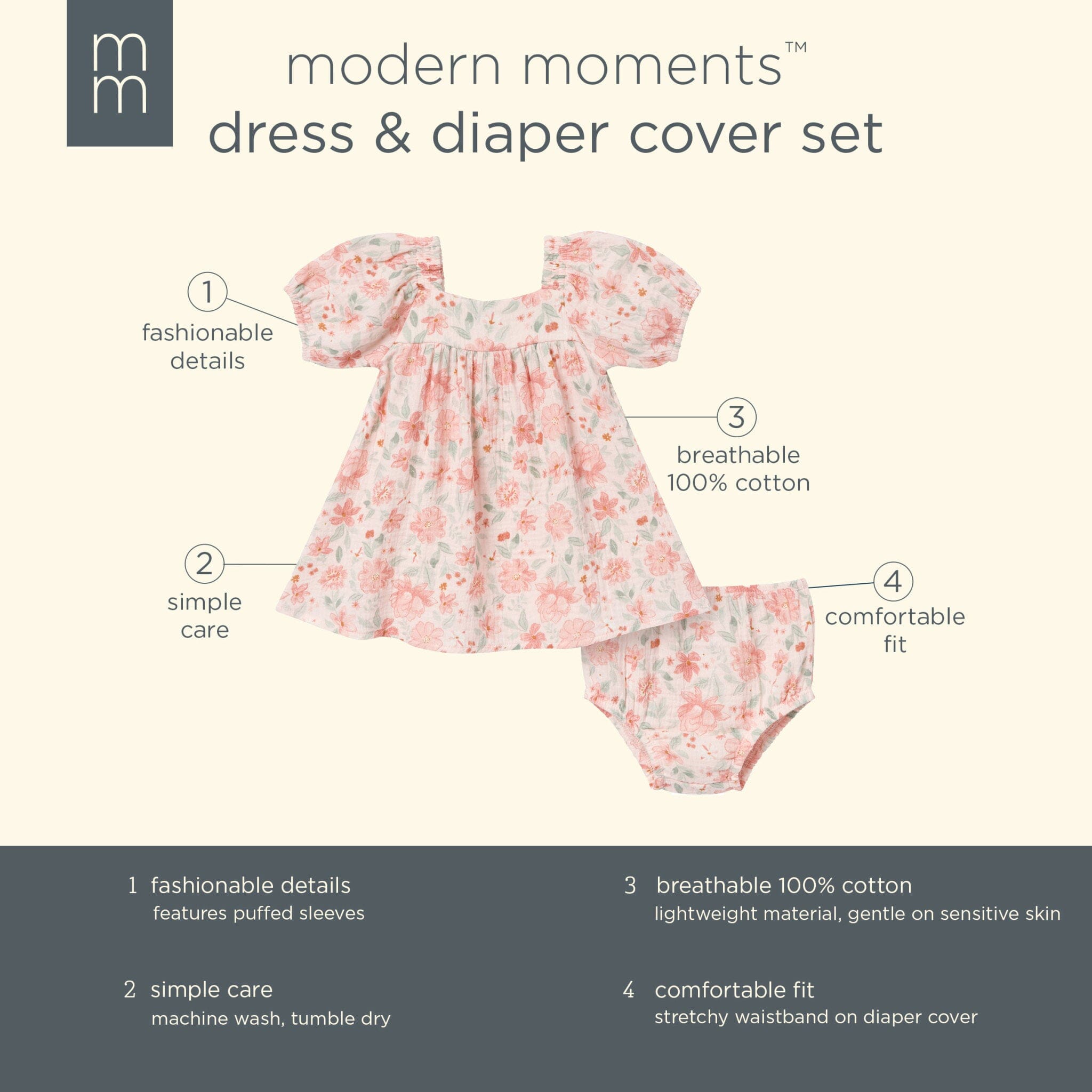 2-Piece Baby Girls Light Rose Watercolor Floral Puffed Sleeve Dress and Diaper Cover