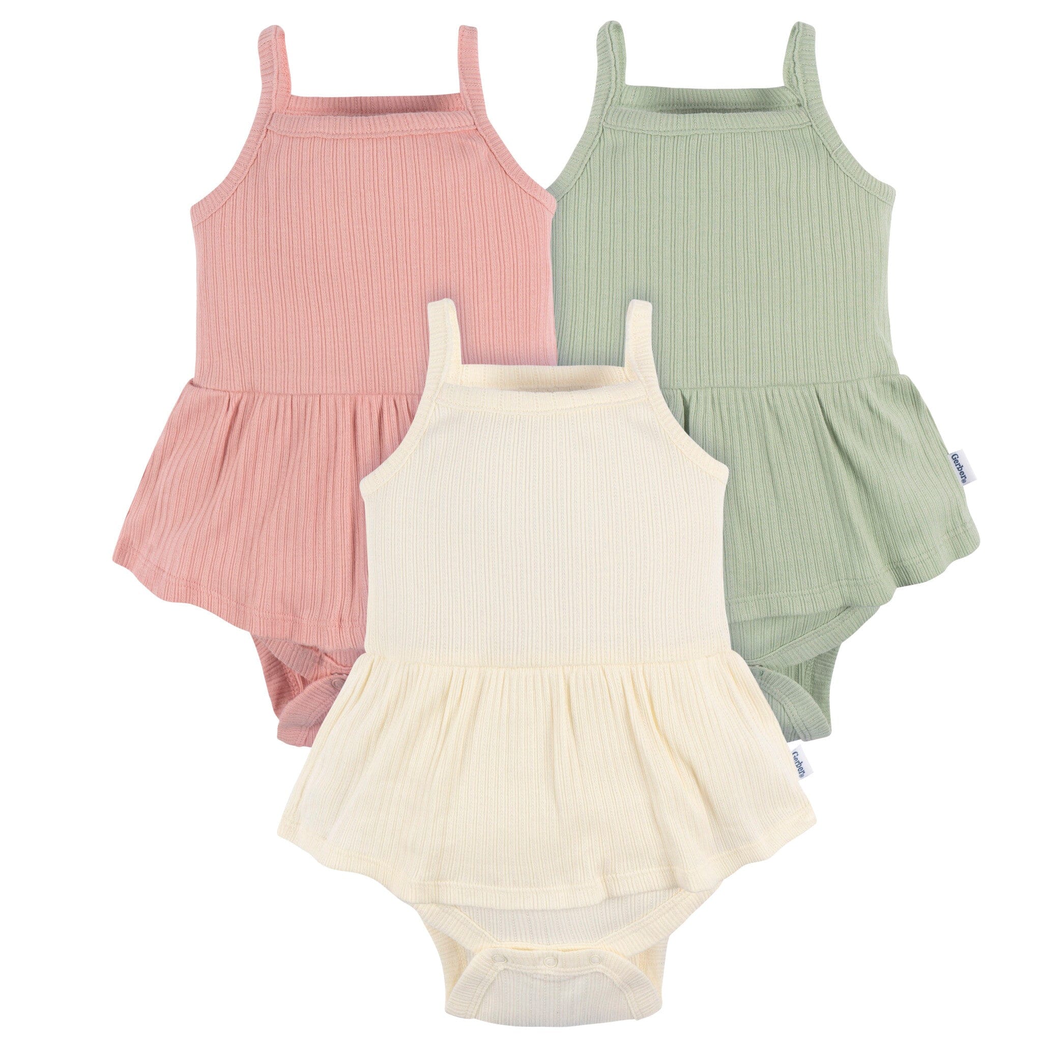 3-Pack Baby Girls Ivory, Mint, & Pink Sleeveless Skirted Onesies Bodysuits