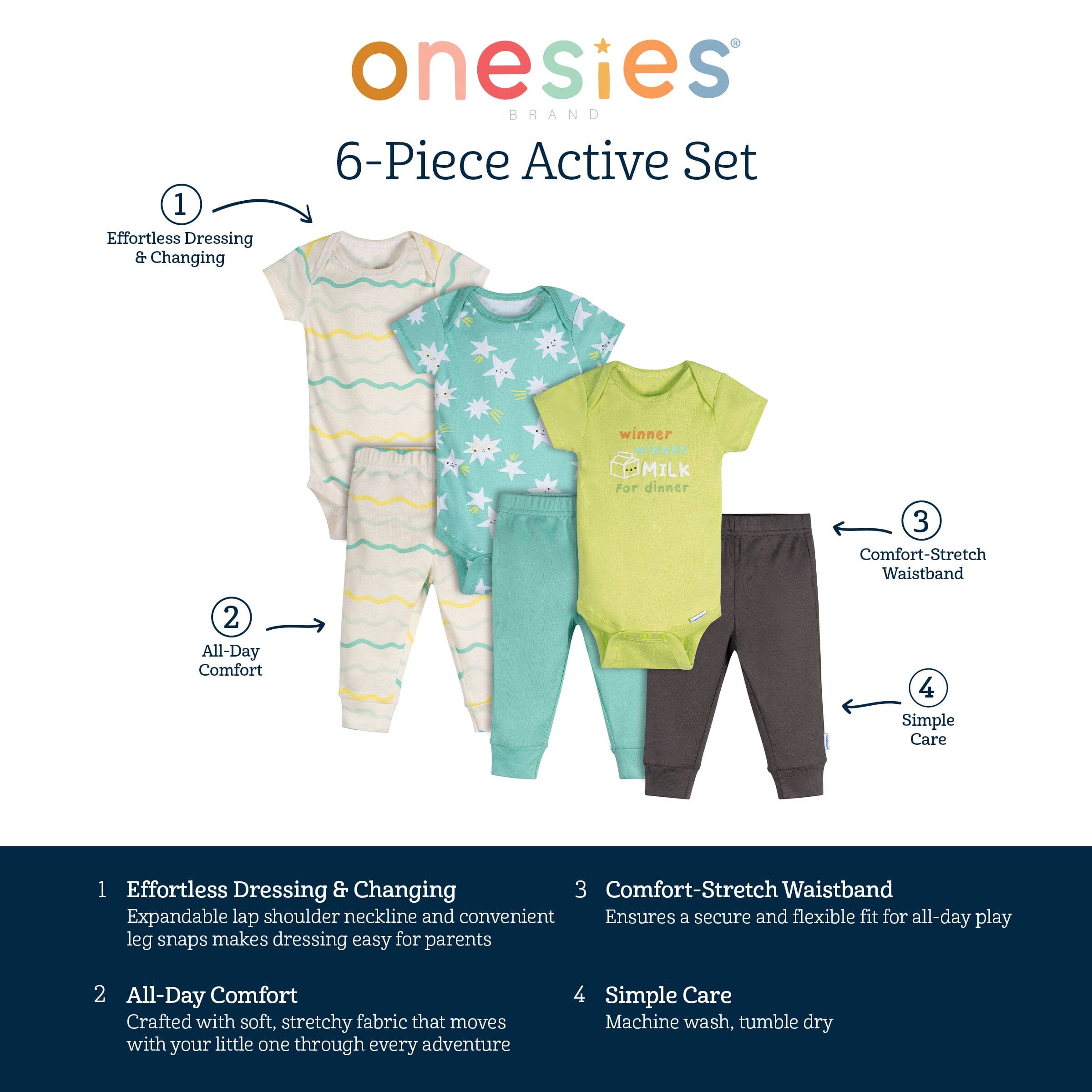 6-Piece Baby Neutral Milk Dinner Onesies and Active Pant Set