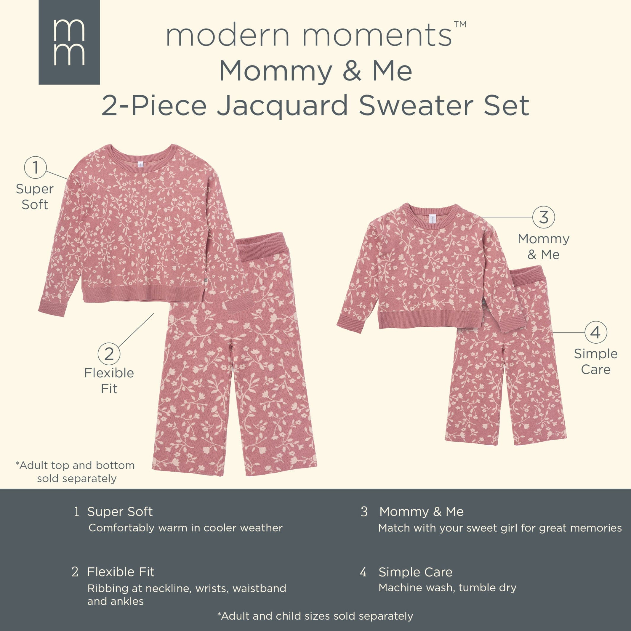 2-Piece Infant & Toddler Girls Dark Rose Branches Jacquard Sweater Set