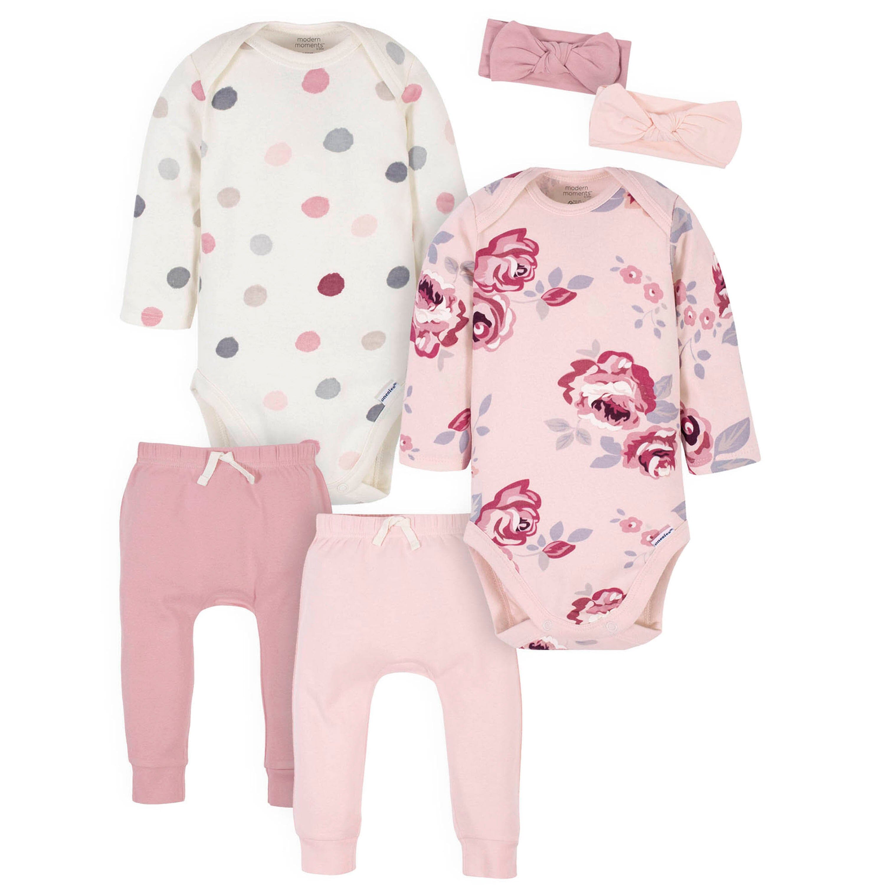 6-Piece Baby Girls Floral Onesies Brand Bodysuits, Pants, and Headbands Set