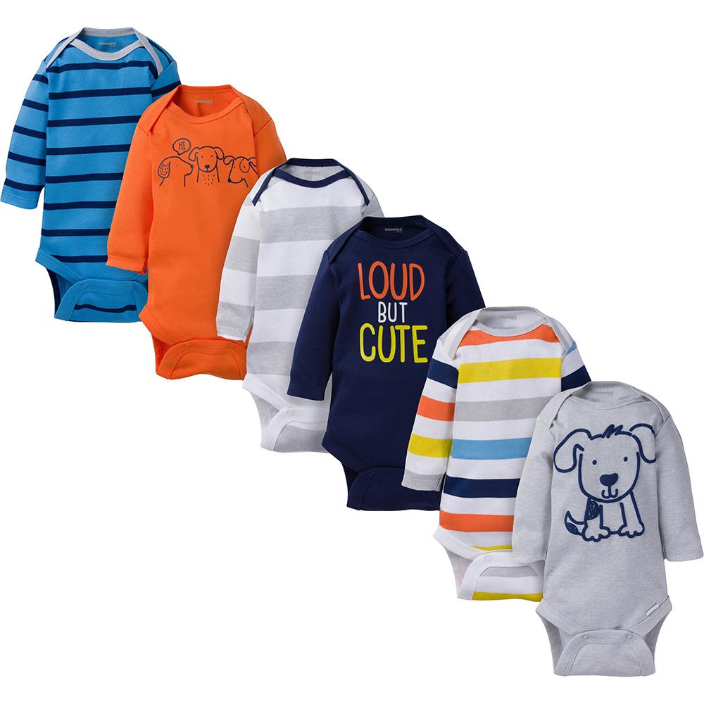 6-Pack Baby Boy Puppy Long Sleeve Onesies Brand Bodysuits