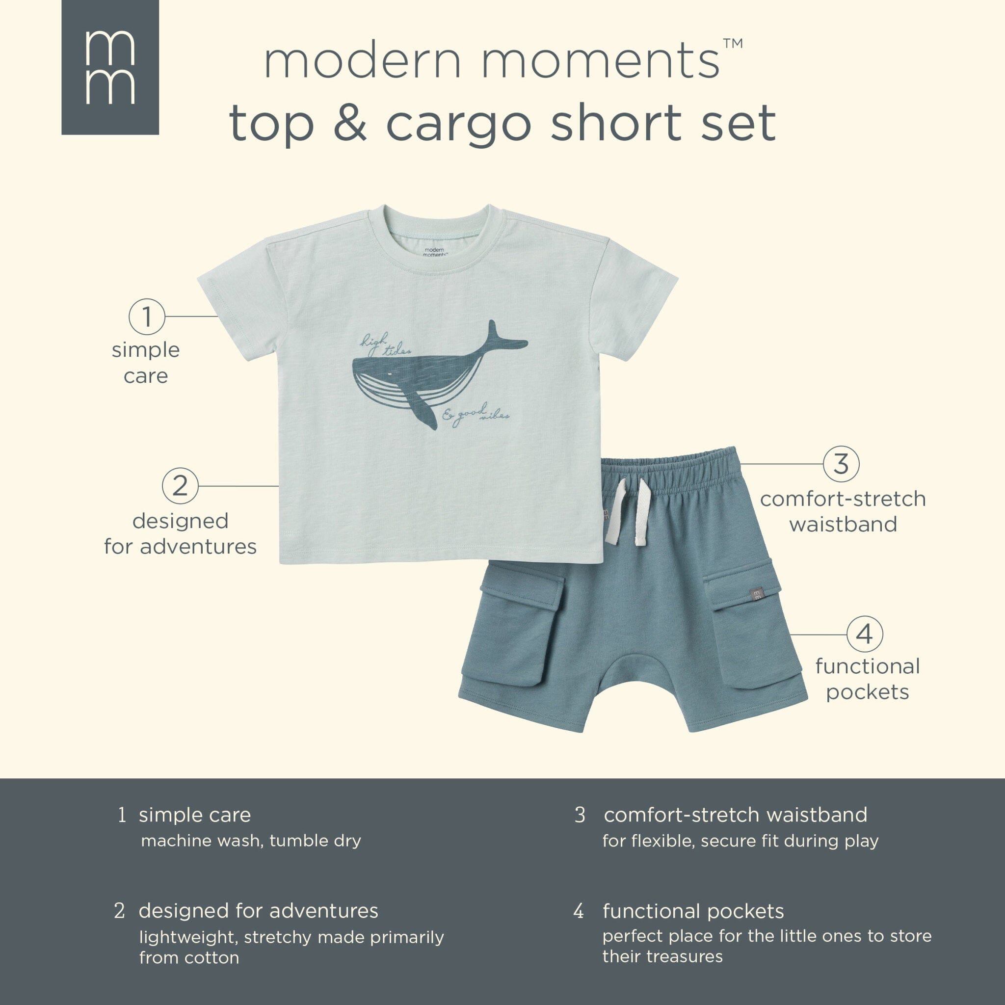 2-Piece Toddler Boys Light Blue Top and Cargo Shorts Set