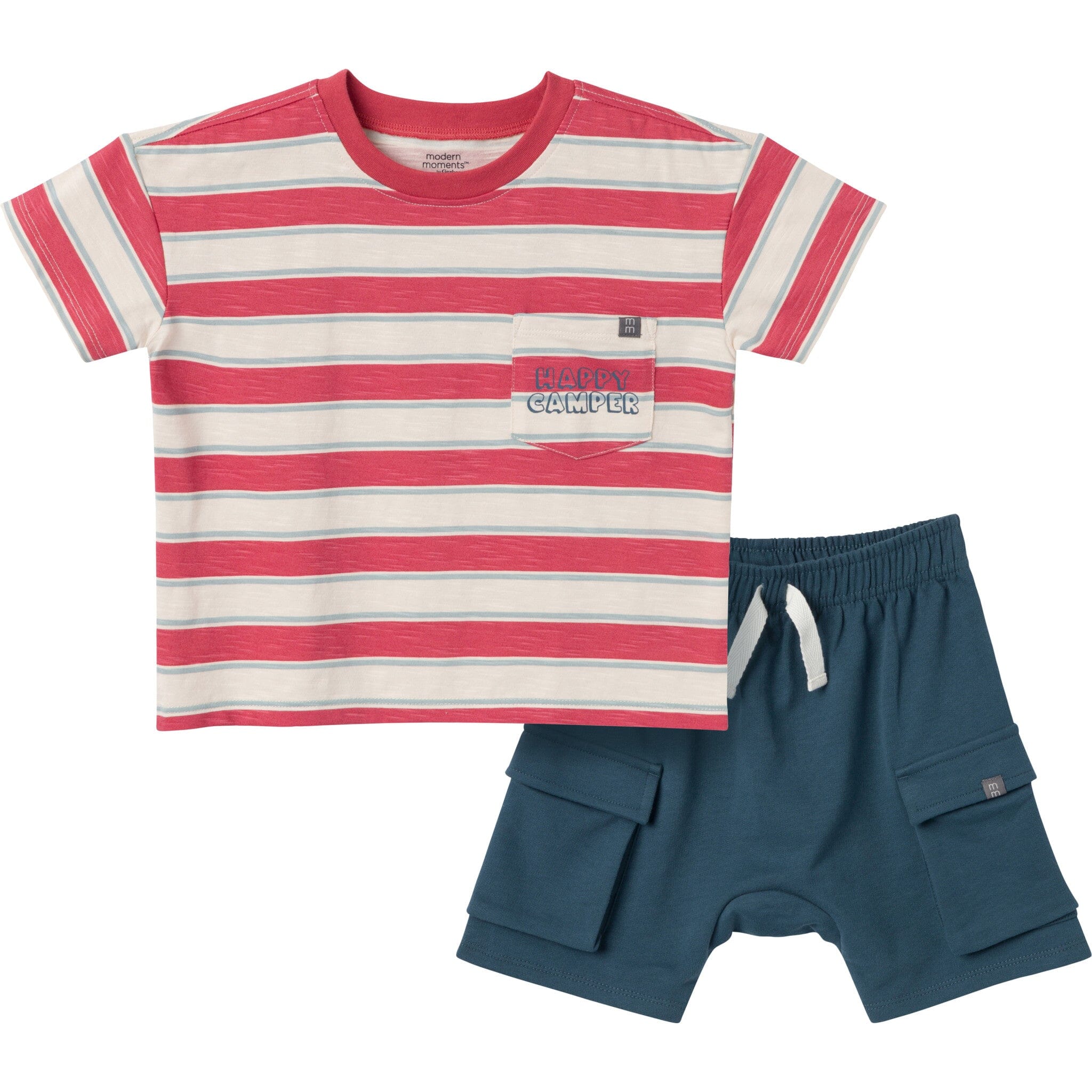 2-Piece Toddler Boys Red Coastal Stripe Top and Cargo Shorts Set