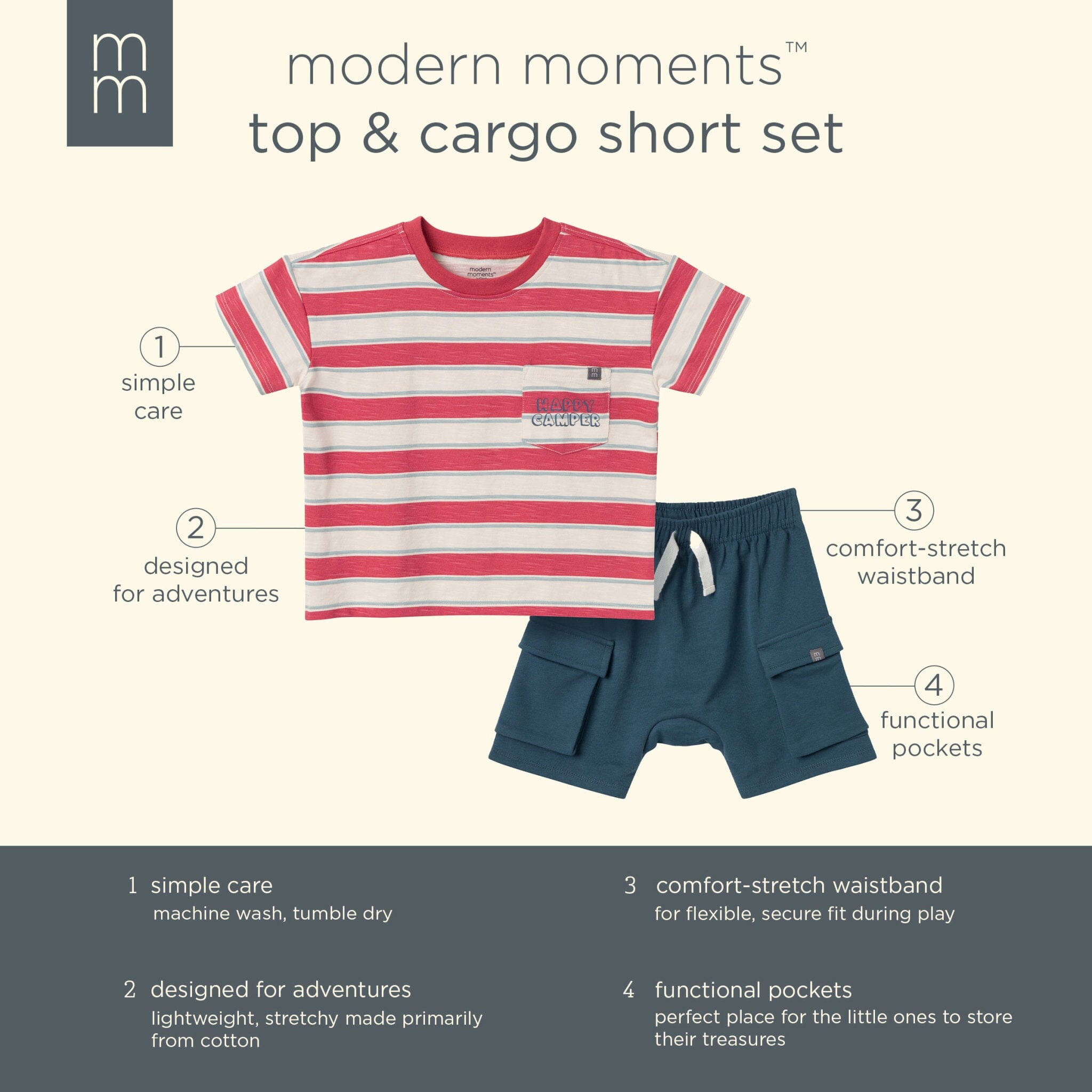 2-Piece Toddler Boys Red Coastal Stripe Top and Cargo Shorts Set