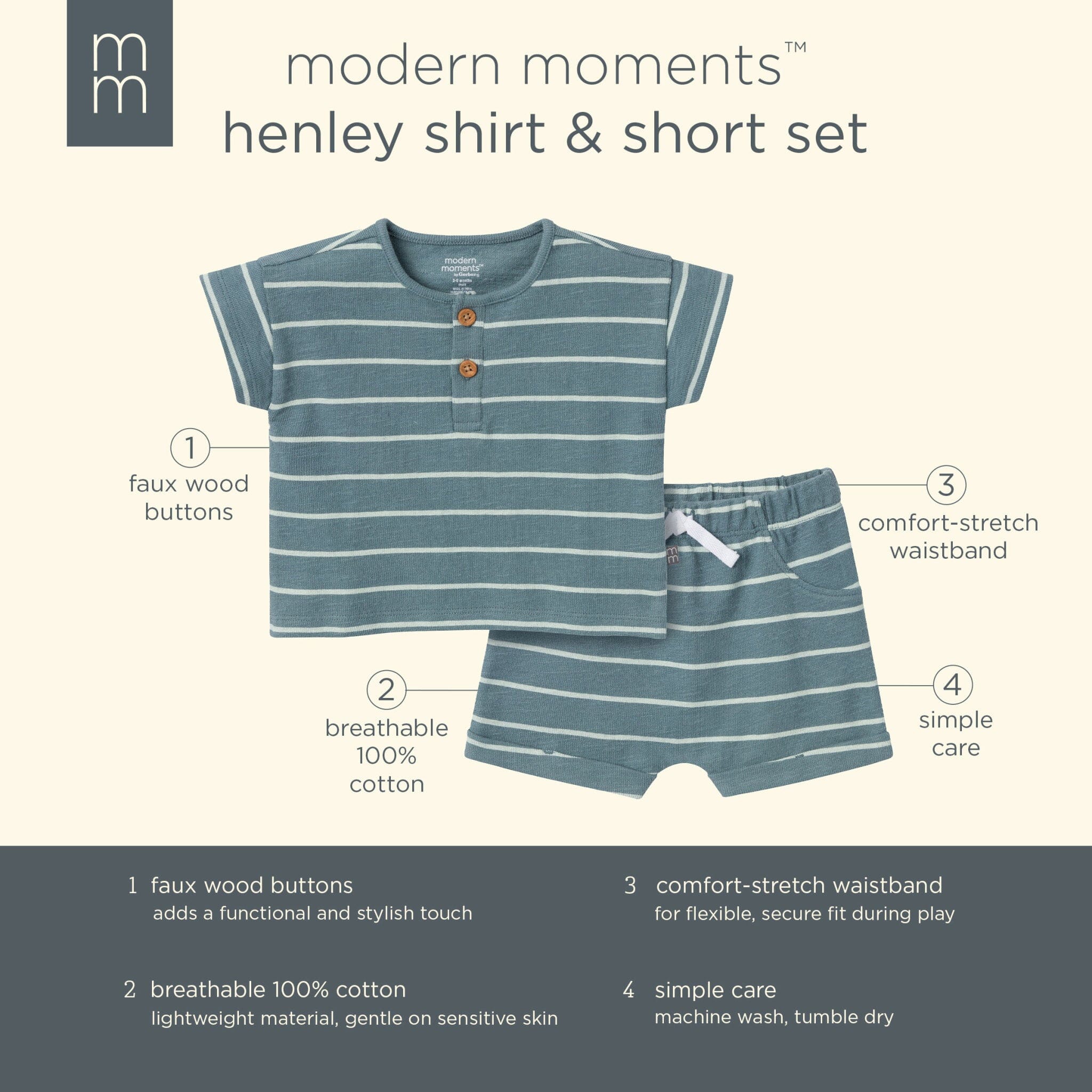 2-Piece Baby Boys Medium Teal Stripe Henley Shirt and Shorts Set