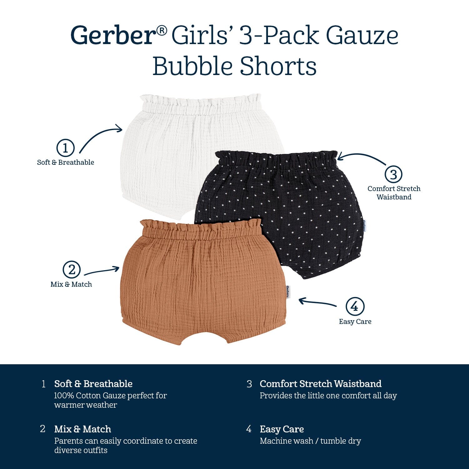 3-Pack Baby Girls White, Black Dot, & Brown Gauze Bubble Shorts