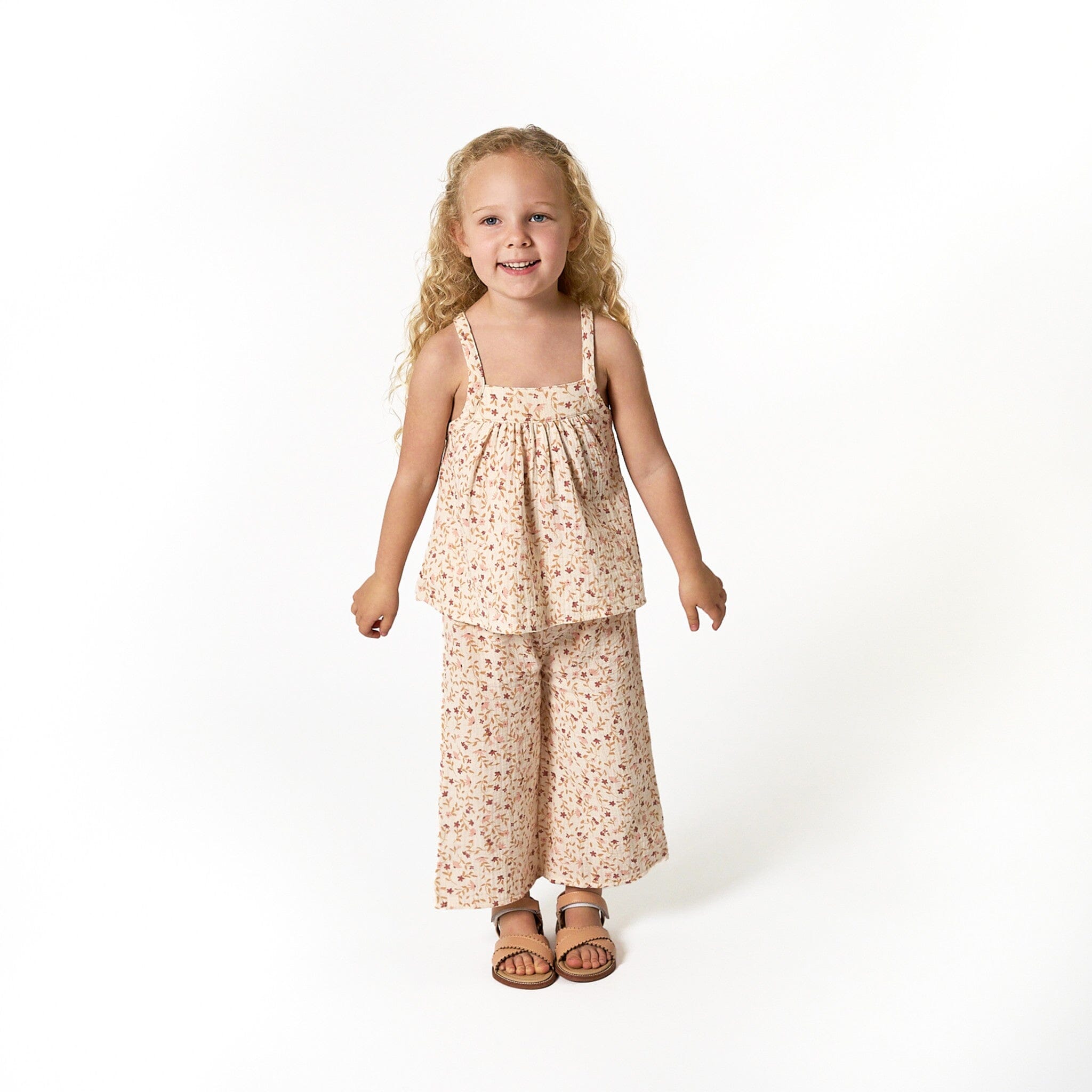 2-Piece Infant & Toddler Girls Beige Vine Floral Cropped Pants Set