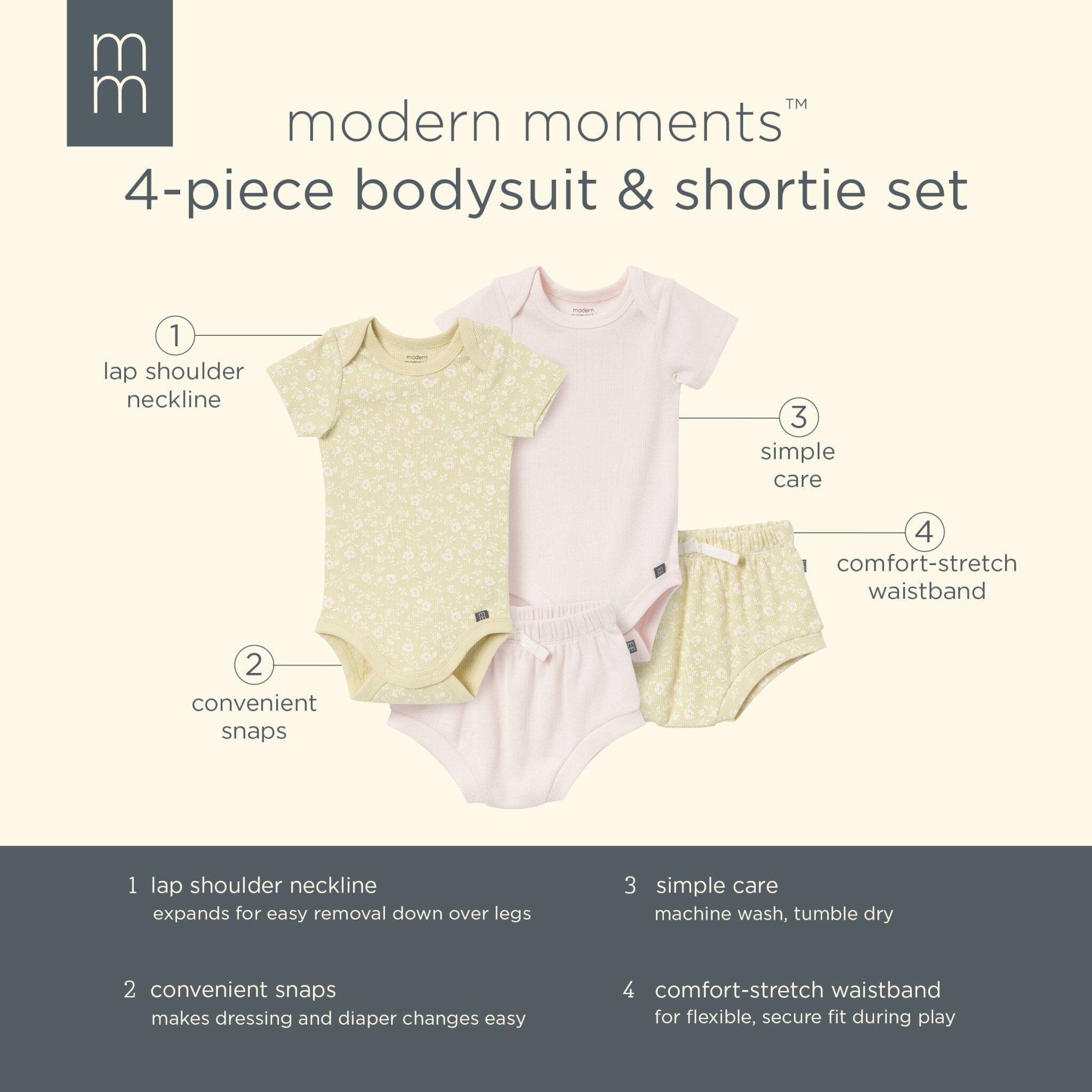 4-Pack Baby Girls Dusty Yellow Floral Short Sleeve Bodysuits and Shorts Set