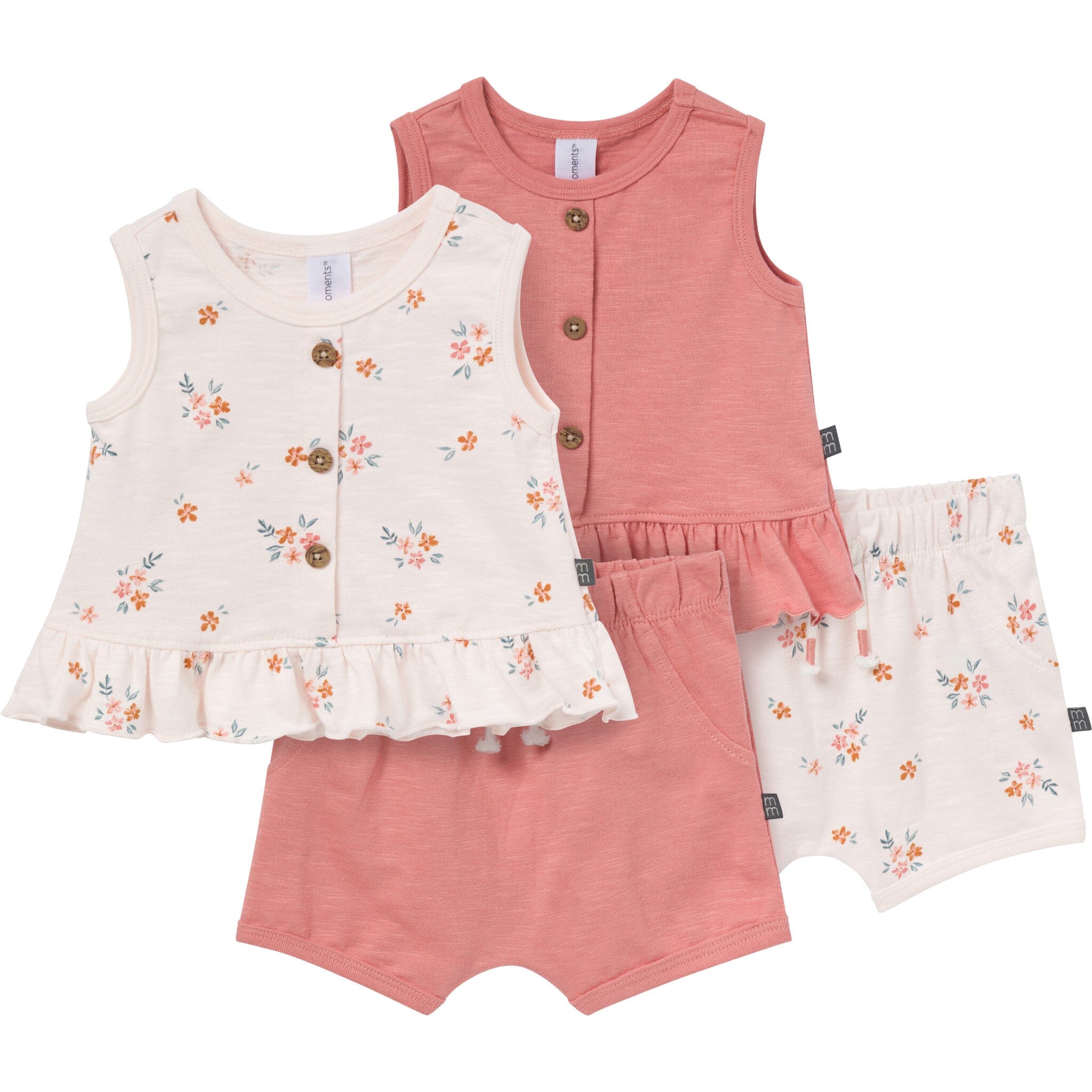 4-Piece Baby Girls Flower Bunches Sleeveless Peplum Tops and Shorts Set