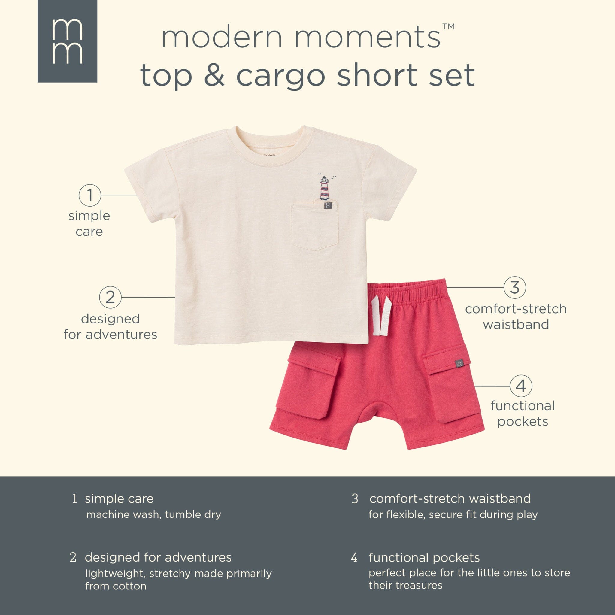 2-Piece Toddler Boys Beige Top and Cargo Shorts Set